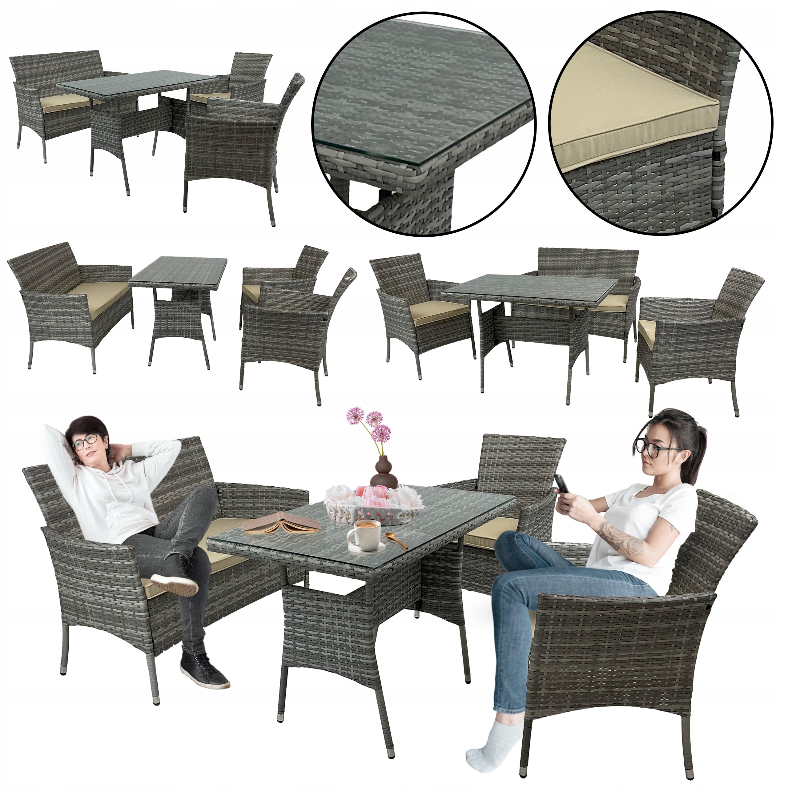 SET OF FURNITURE FOR GARDEN TERRACE DINNER RATTAN 4 PERSON LIDO LIGHT GRAY Main material synthetic rattan