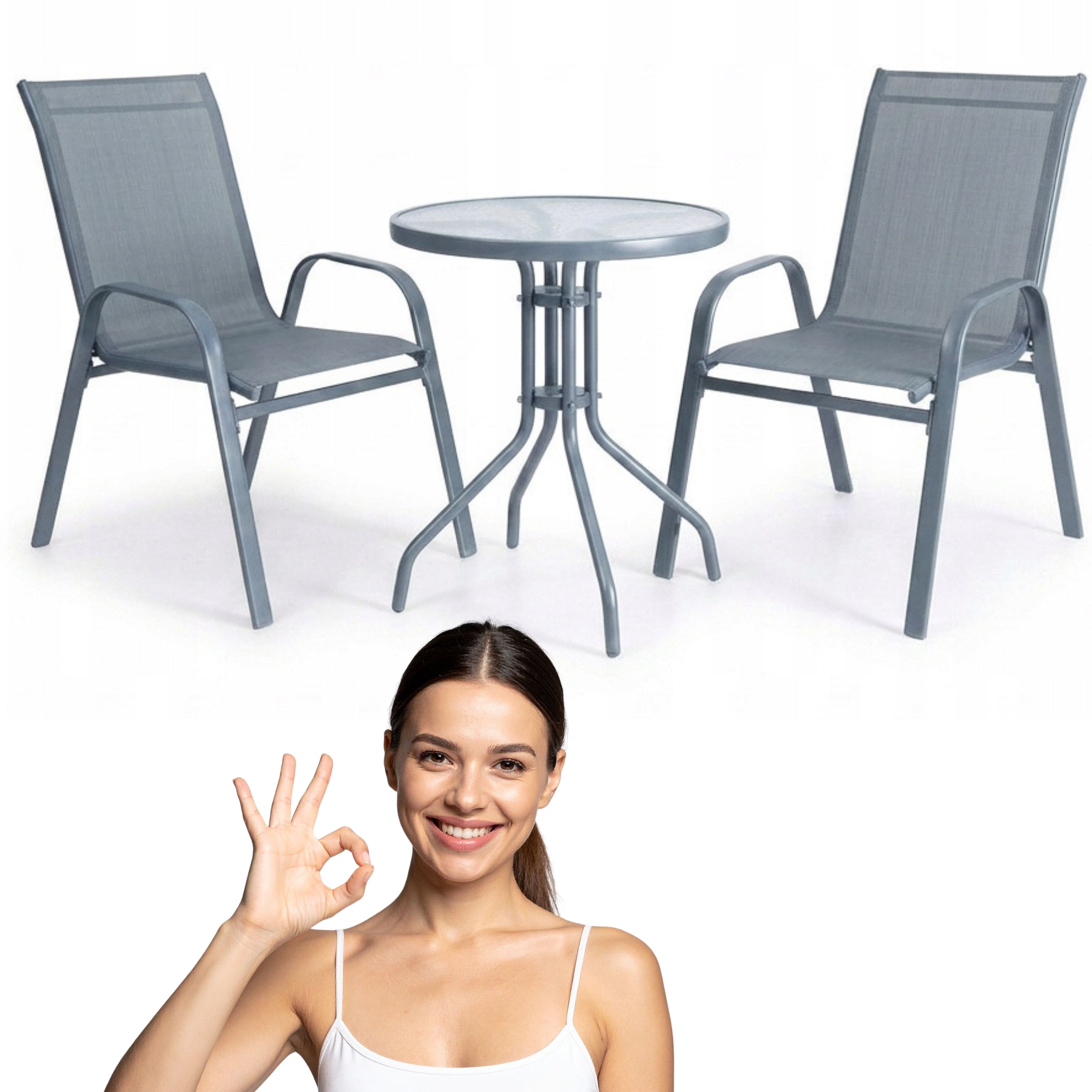 SET OF FURNITURE FOR SMALL BALCONY TERRACE CHAIRS TABLE ROUND GREY YS146