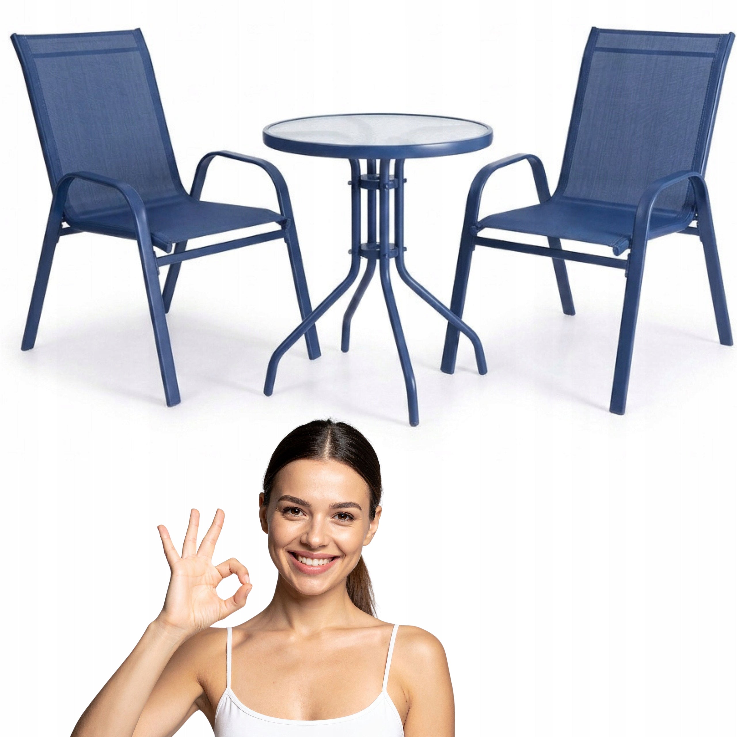SET OF FURNITURE FOR SMALL BALCONY TERRACE CHAIRS TABLE ROUND NAVY BLUE YS146