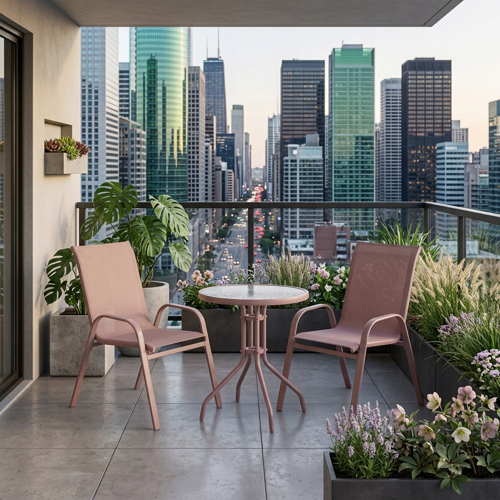 SET OF FURNITURE FOR SMALL BALCONY TERRACE CHAIRS TABLE ROUND PINK YS146 Main material steel
