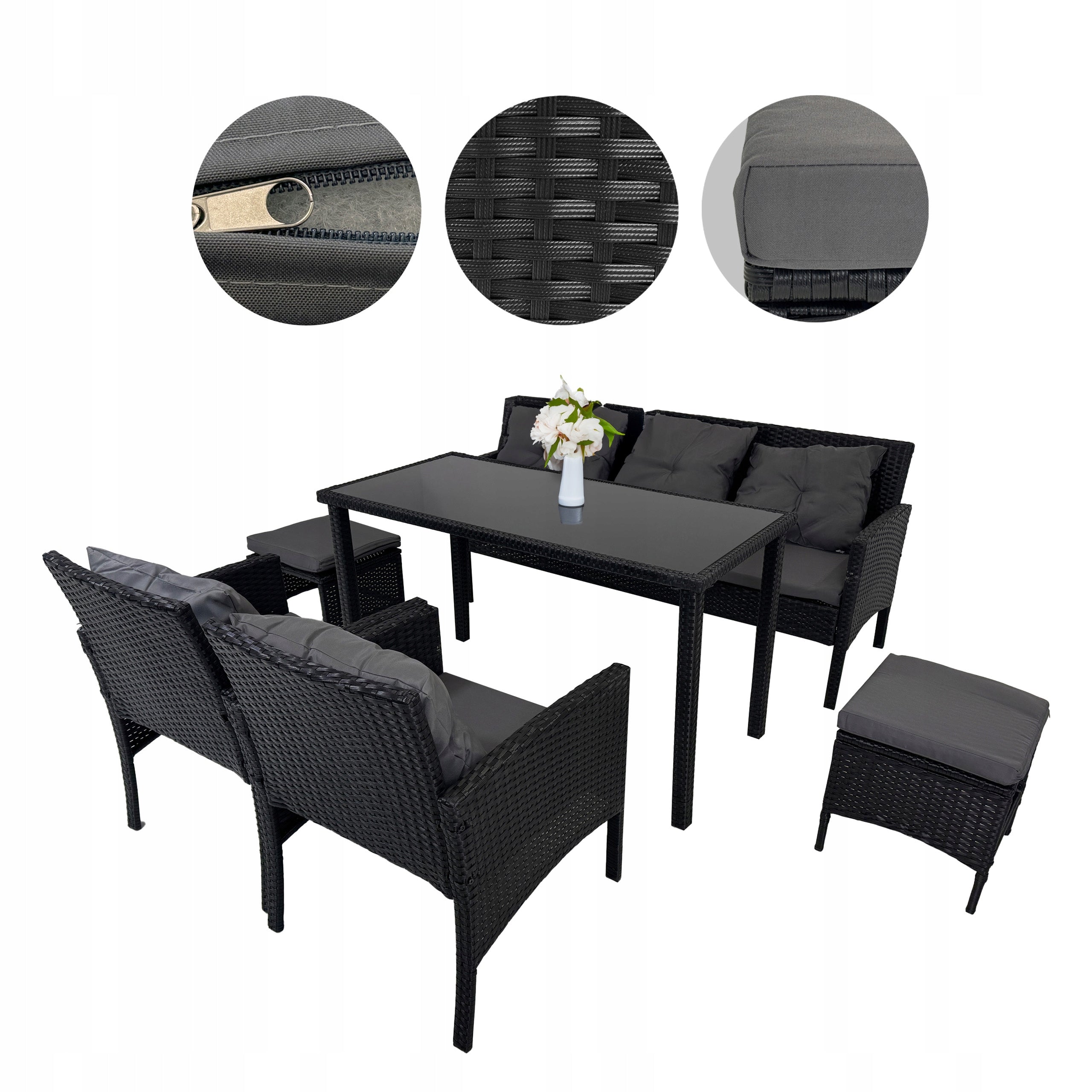 SET OF FURNITURE FOR THE GARDEN DINNER 7 PEOPLE CAPRI PRO RATTAN BLACK Main material synthetic rattan