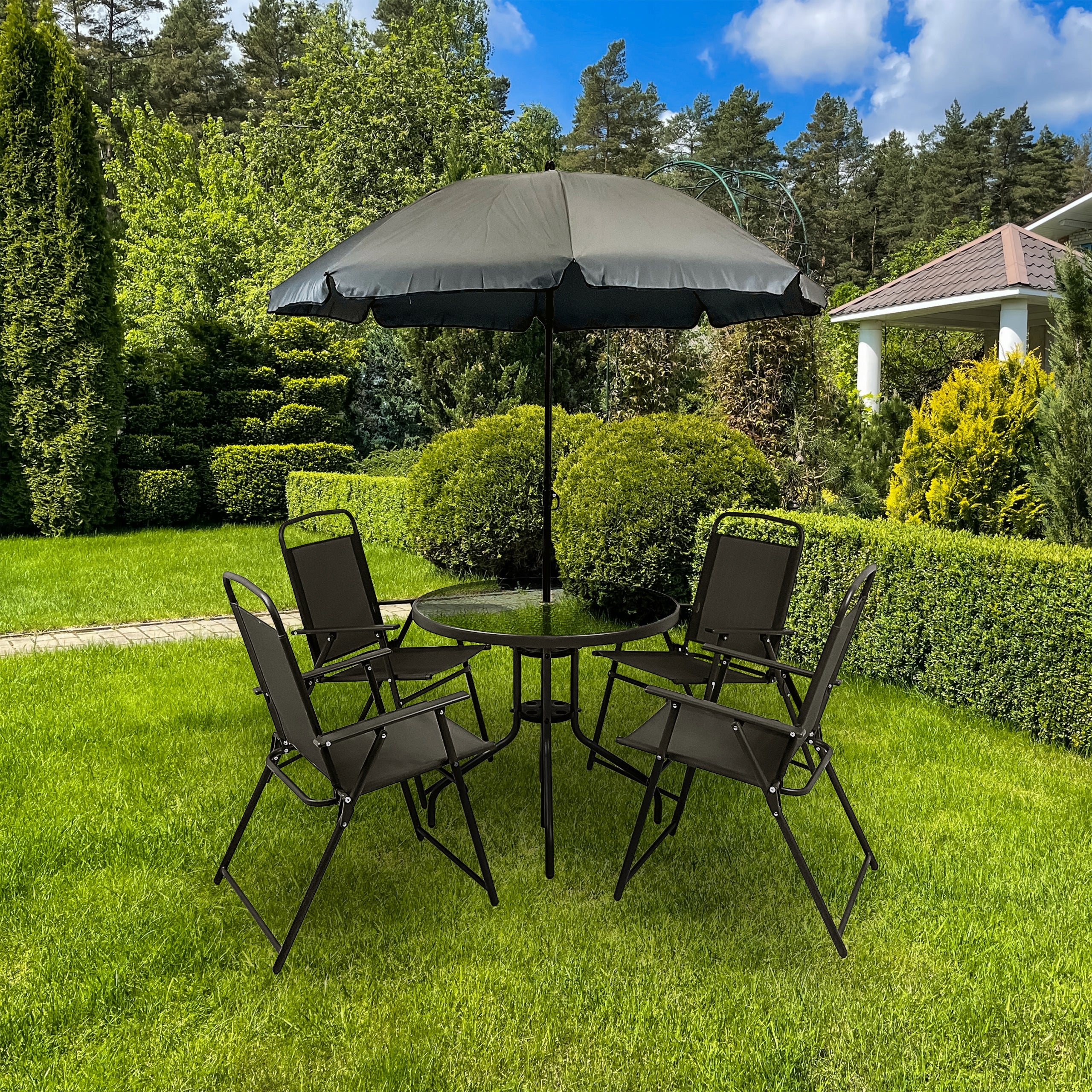 SET OF GARDEN FURNITURE BALCONY GARDEN TERRACE TABLE UMBRELLA CHILE 4OS BLACK Packaging status original