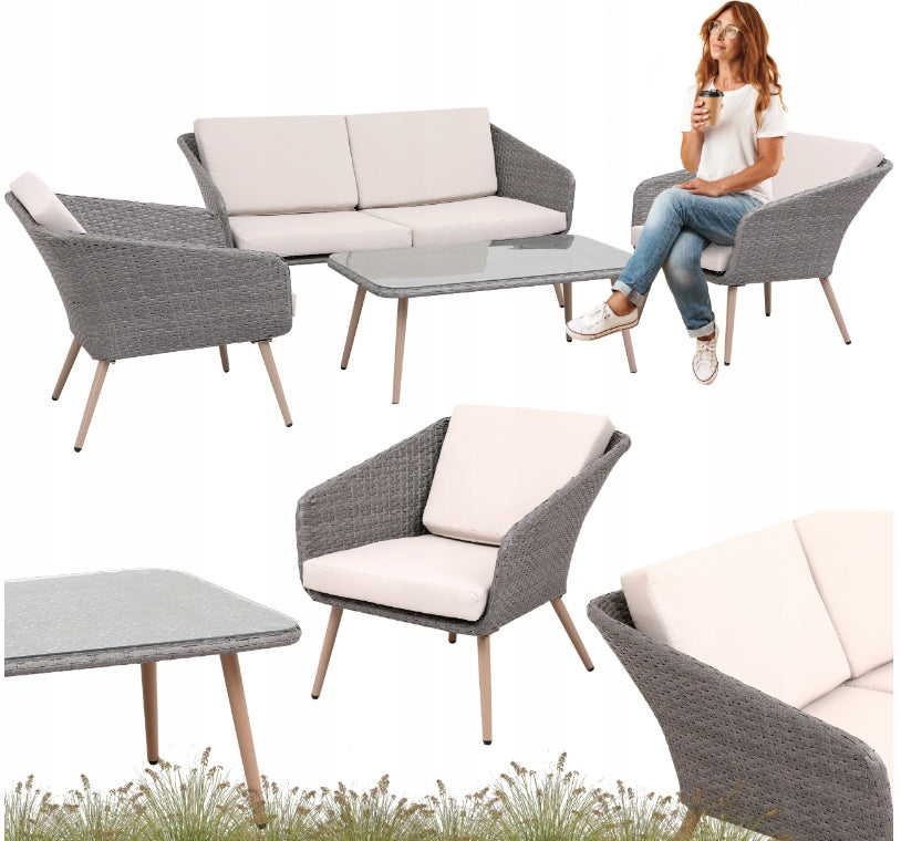 SET OF GARDEN FURNITURE BALCONY RATTAN TABLE + SOFA + 2 ARMCHAIRS