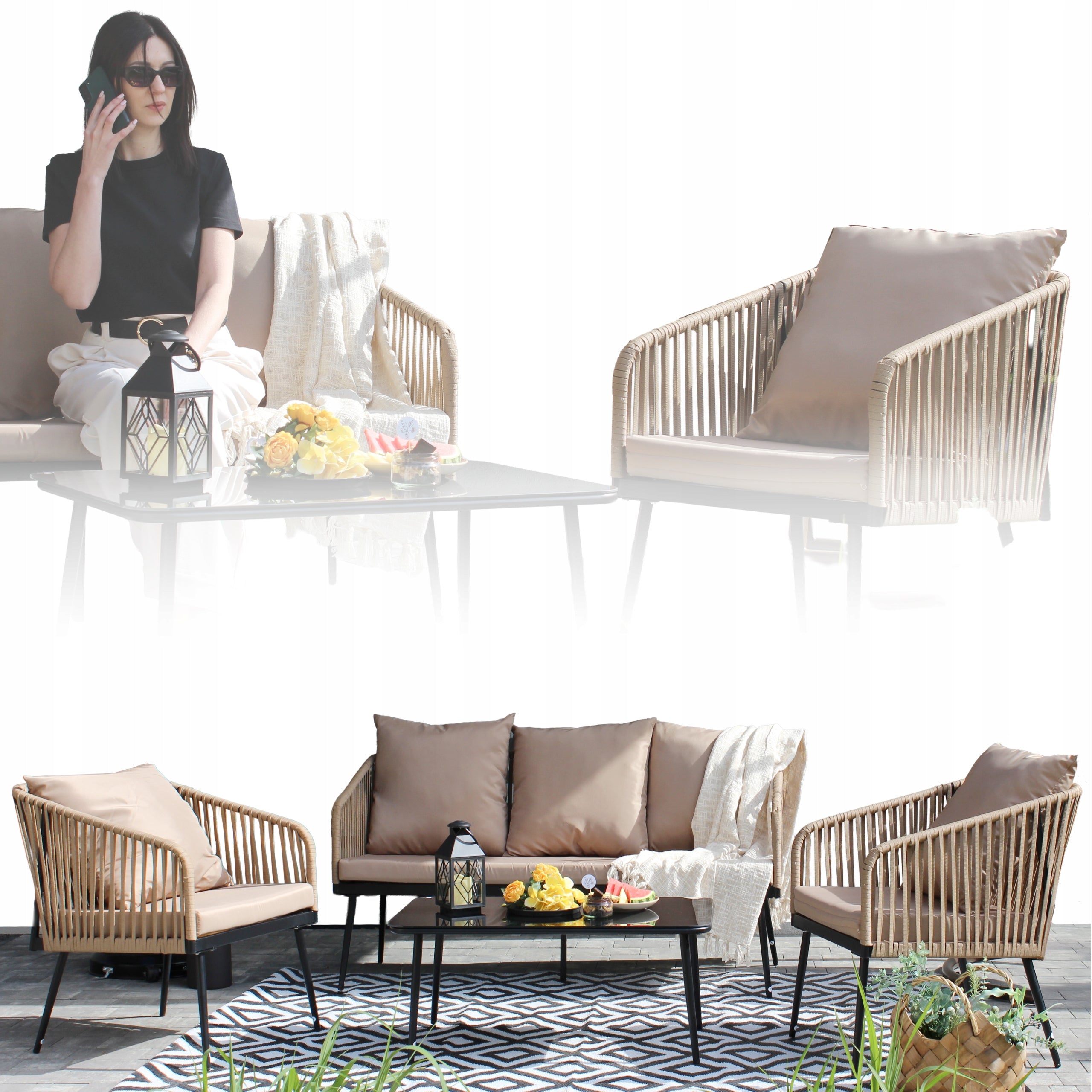 SET OF GARDEN FURNITURE BEIGE TABLE SOFA ARMCHAIRS CUSHIONS POLYRATTAN