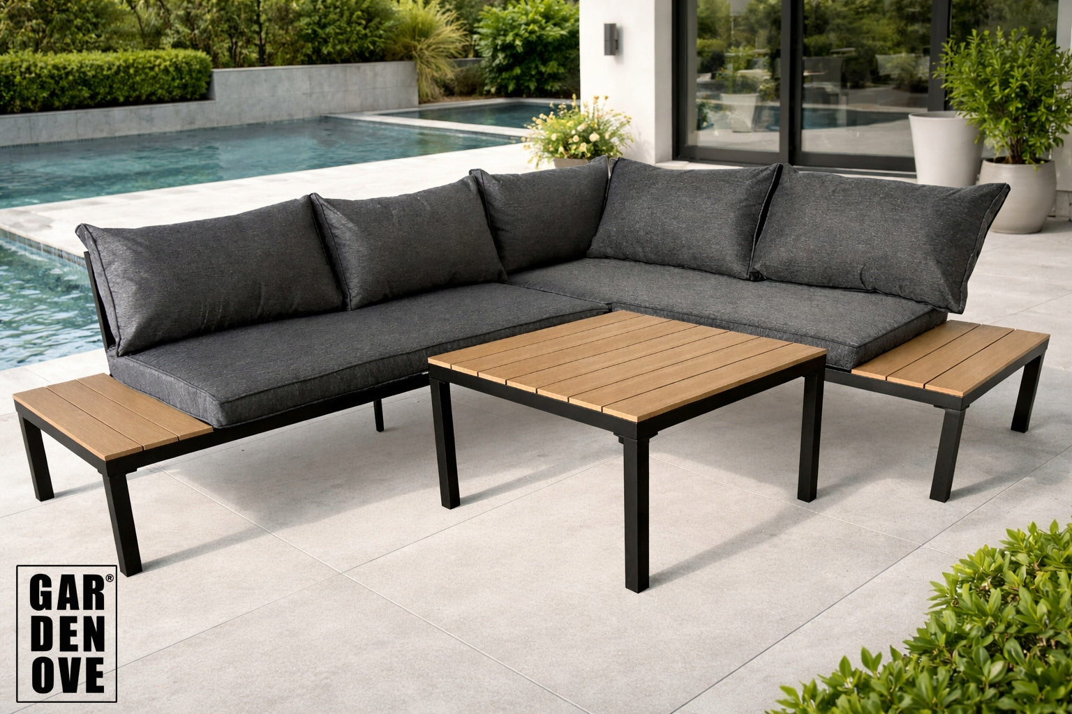 SET OF GARDEN FURNITURE CORNER 4 PEOPLE, SOFA TABLE, BOARDS - GARDENOVE Main material synthetic material