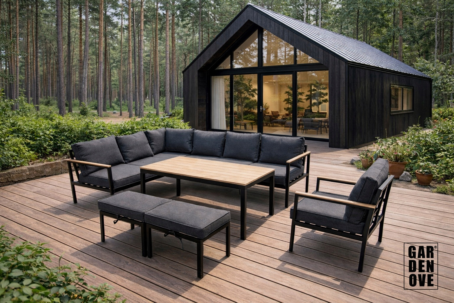 SET OF GARDEN FURNITURE CORNER 9 PEOPLE, SOFA HIGH TABLE - GARDENOVE Manufacturer code SR110