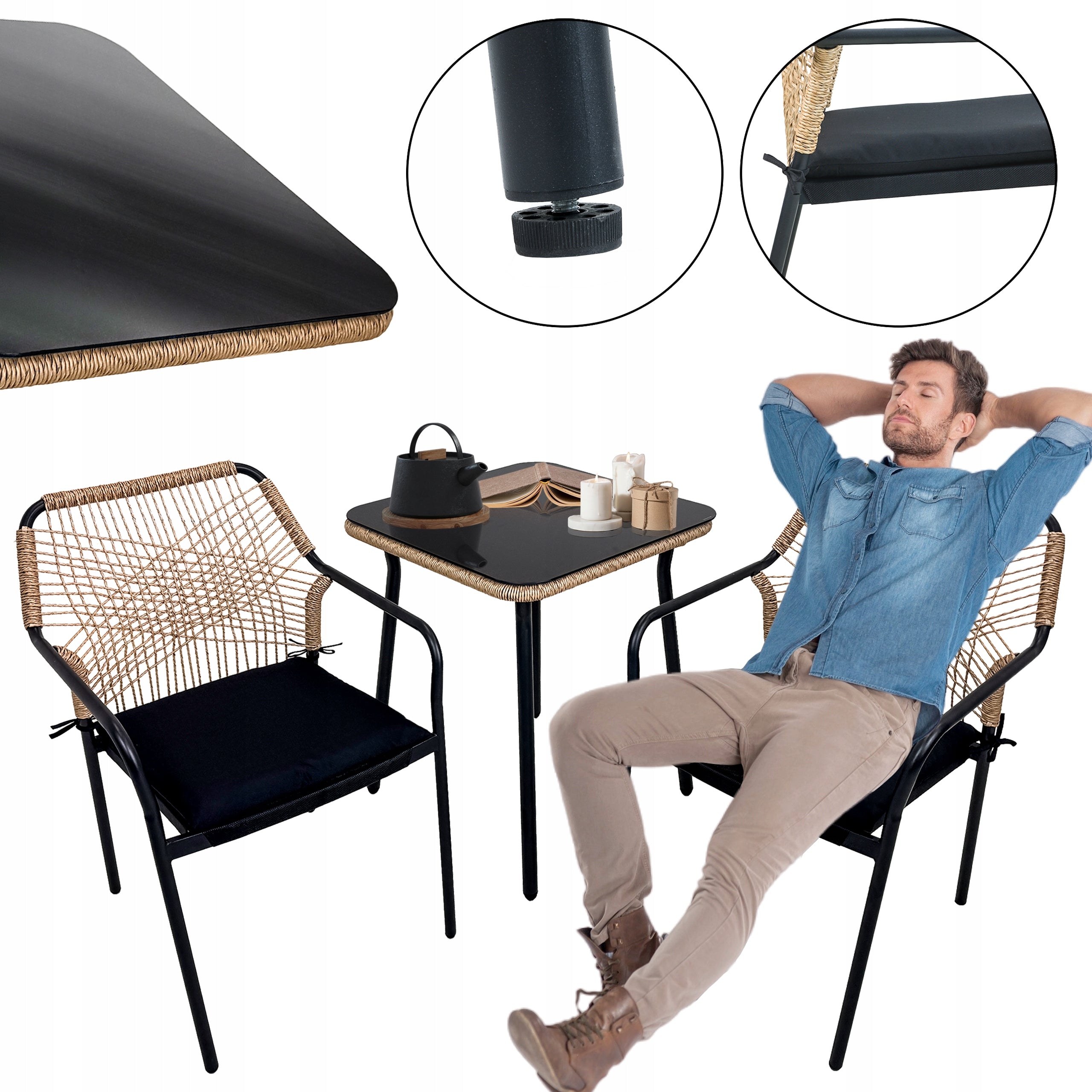 SET OF GARDEN FURNITURE FOR TERRACE BALCONY RATTAN TEMPERED GLASS SOHO Main material synthetic rattan