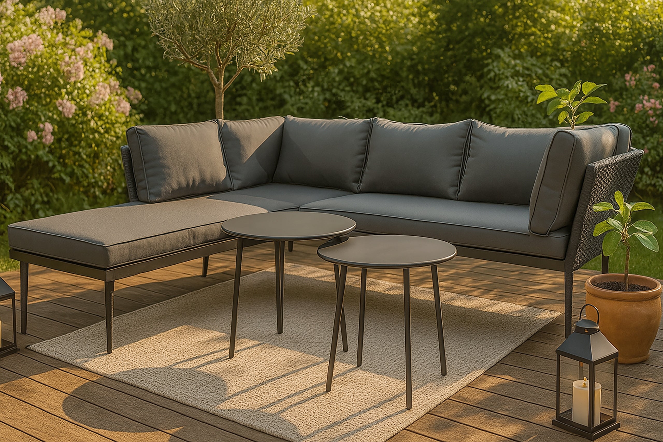 SET OF GARDEN FURNITURE TERRACE BALCONY CORNER + 2 COFFEE TABLES SPARGI BLACK Set contents corner sofa table