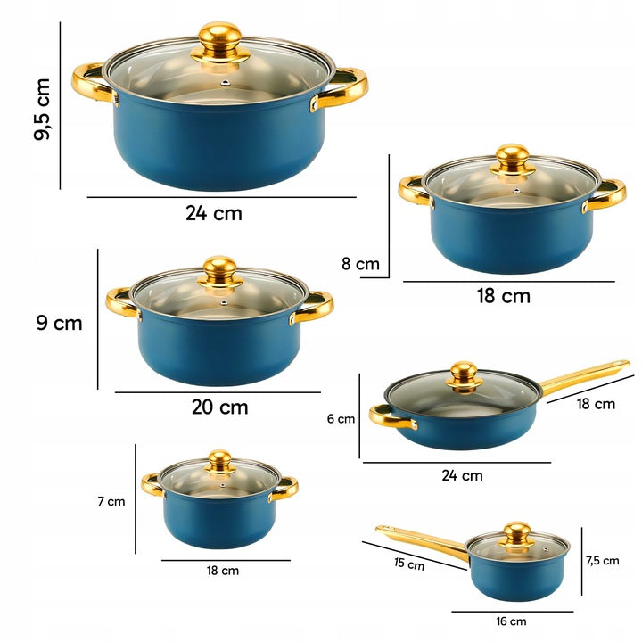 SET OF KITCHEN POTS 12 ELEMENTS FRYING PAN + LIDS STEEL POTS Color blue