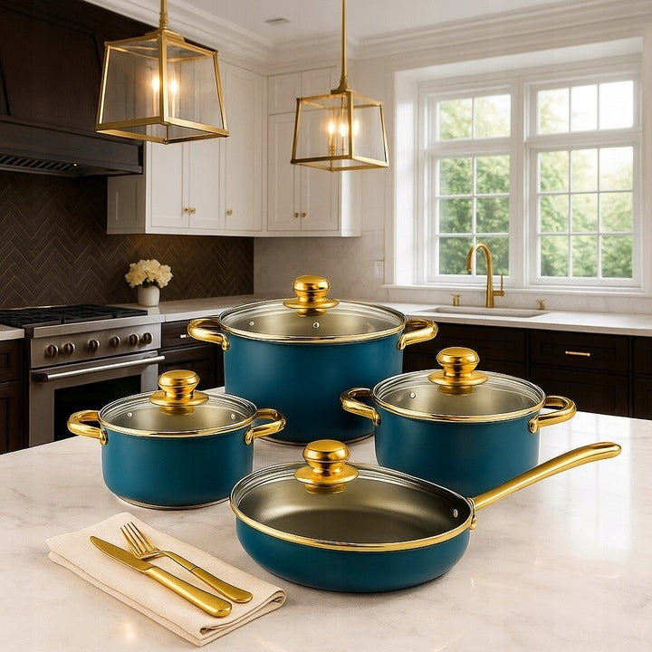 SET OF KITCHEN POTS 12 ELEMENTS FRYING PAN + LIDS STEEL POTS Material stainless steel