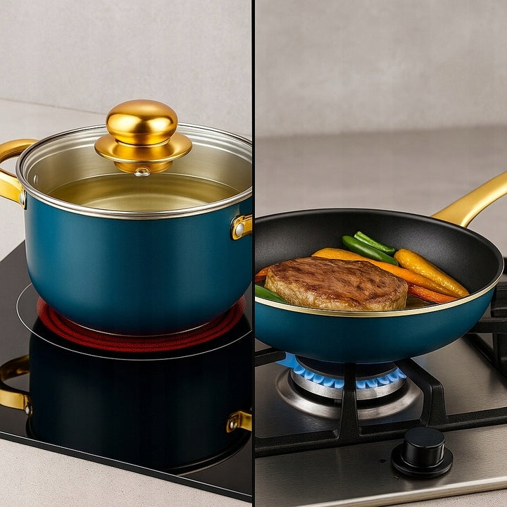 SET OF KITCHEN POTS 12 ELEMENTS FRYING PAN + LIDS STEEL POTS Packaging status original