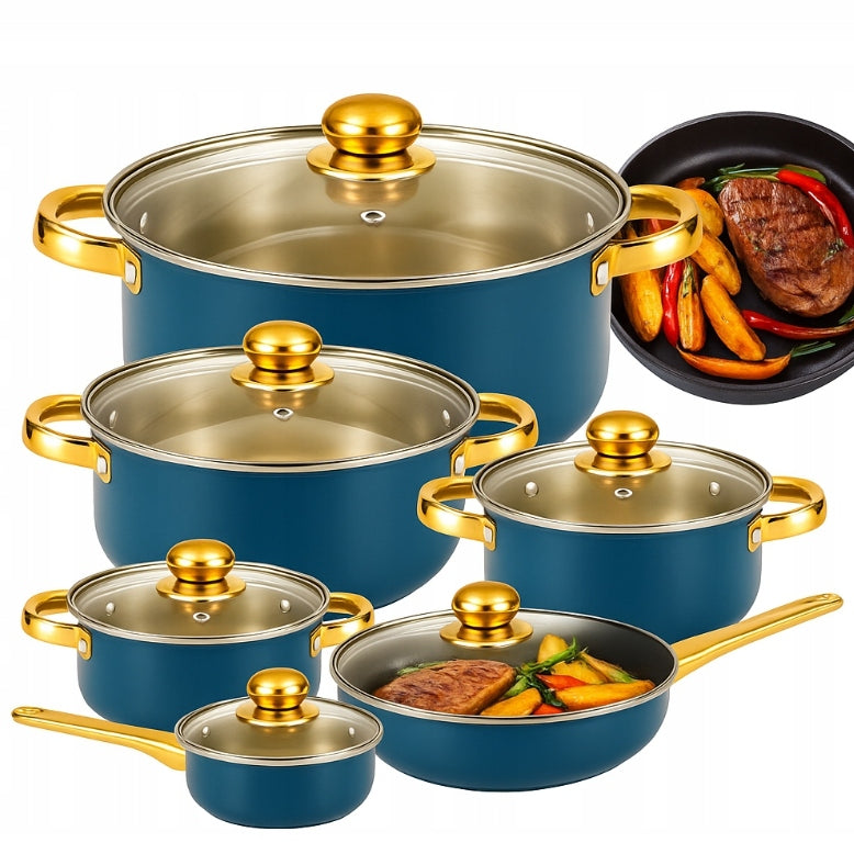 SET OF KITCHEN POTS 12 ELEMENTS FRYING PAN + LIDS STEEL POTS