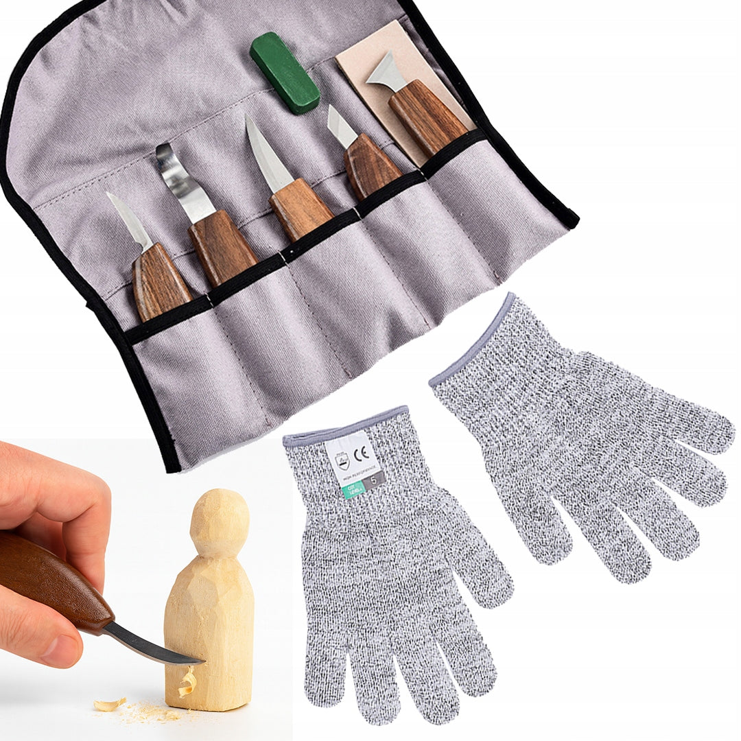SET OF KNIVES AND CHISELS FOR CARVING IN WOOD 9EL TOOLS + GLOVES CASE