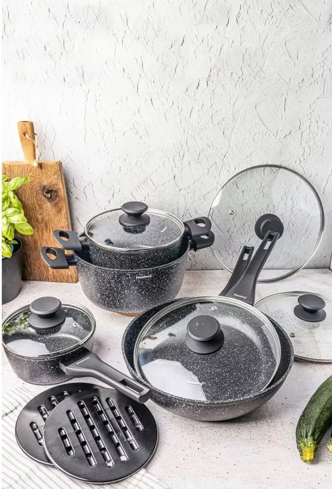 SET OF MARBLE POTS 2x PAN Rondel POTS SET + LIDS Line marmurkowa