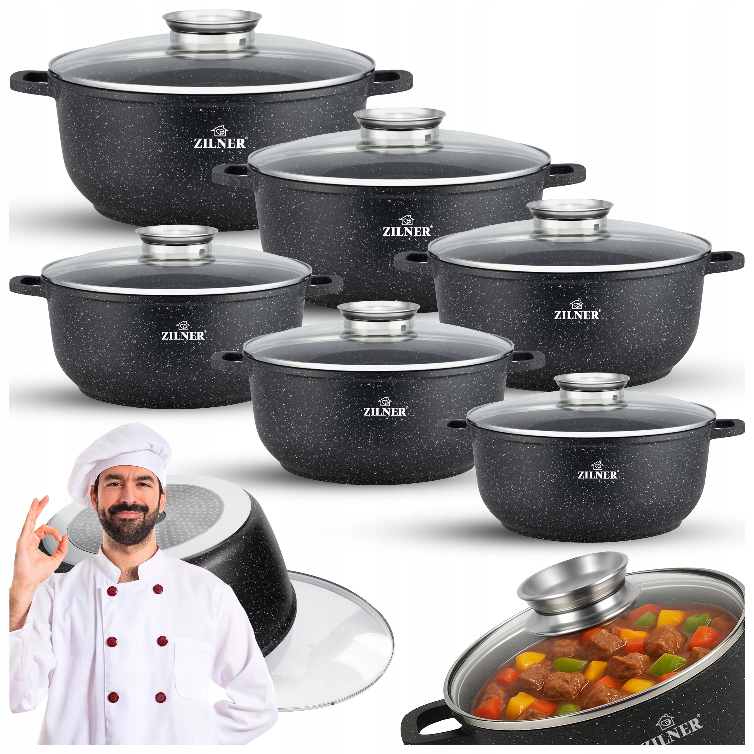 SET OF MARBLED POTS INDUCTION FOR GAS SET OF POTS 12 ELE LIDS Manufacturer code Zilner