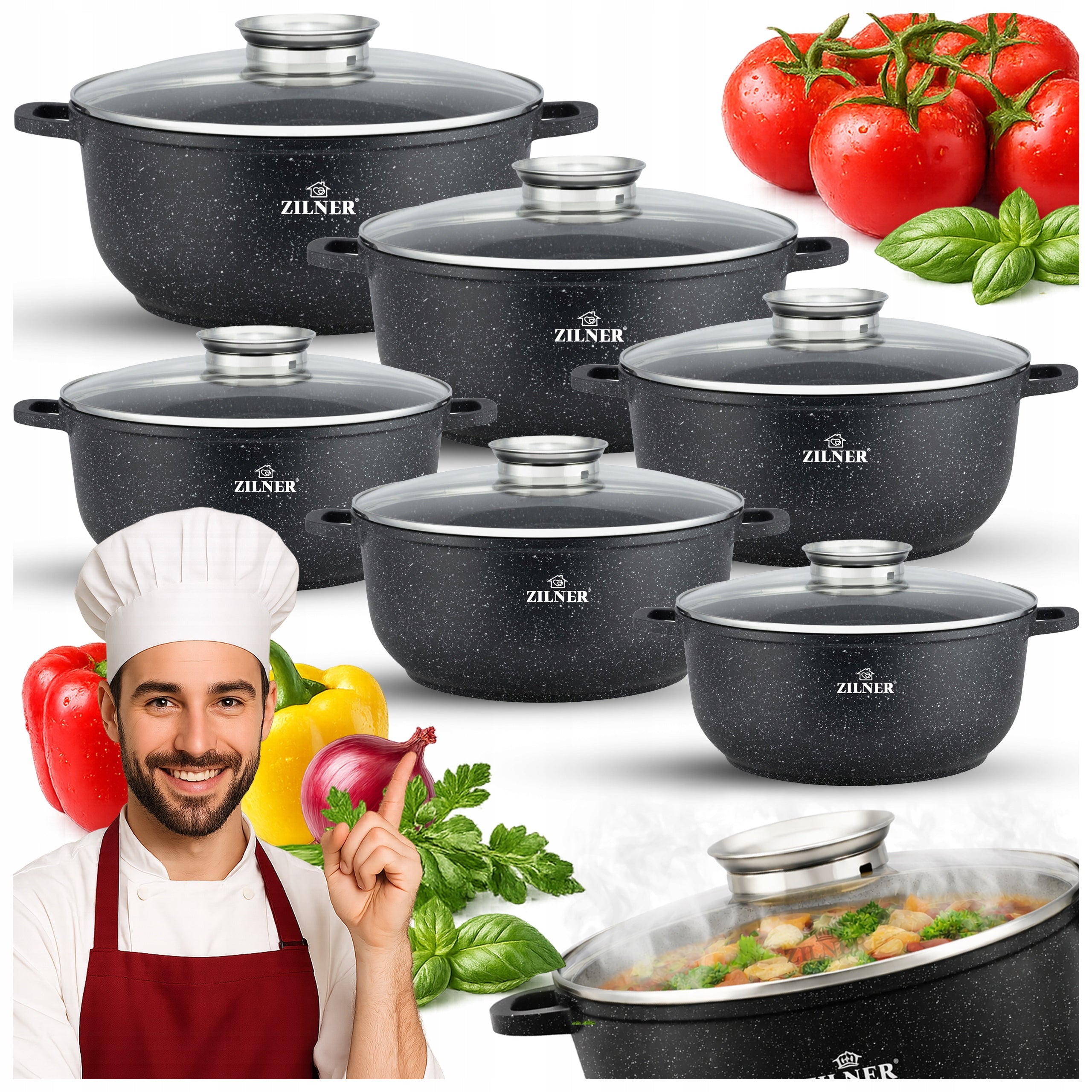 SET OF MARBLED POTS INDUCTION FOR GAS SET OF POTS 12 ELE LIDS Packaging status original