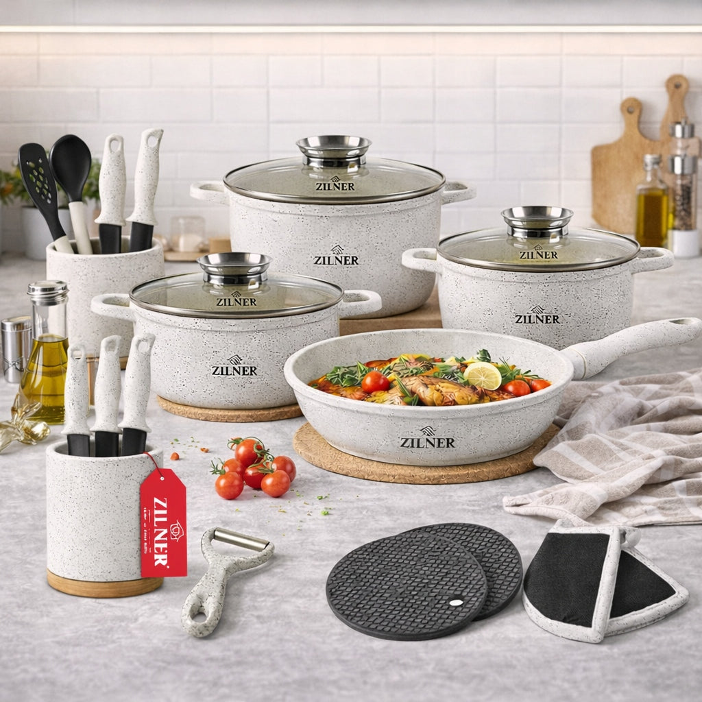 SET OF MARBLED POTS INDUCTION GAS BEIGE POTS FRYING PAN SET Material ceramics