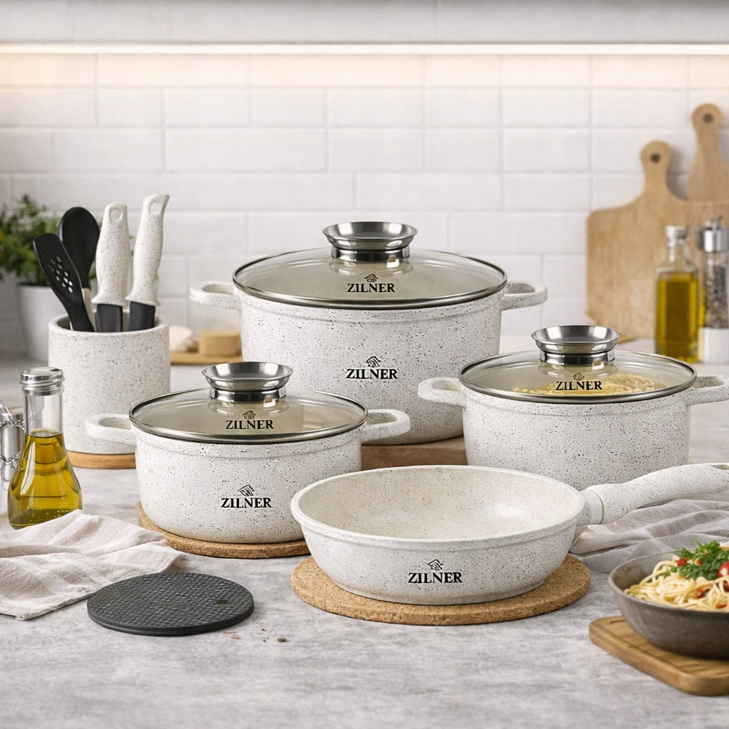 SET OF MARBLED POTS INDUCTION GAS BEIGE POTS FRYING PAN SET Number of items in the set 21