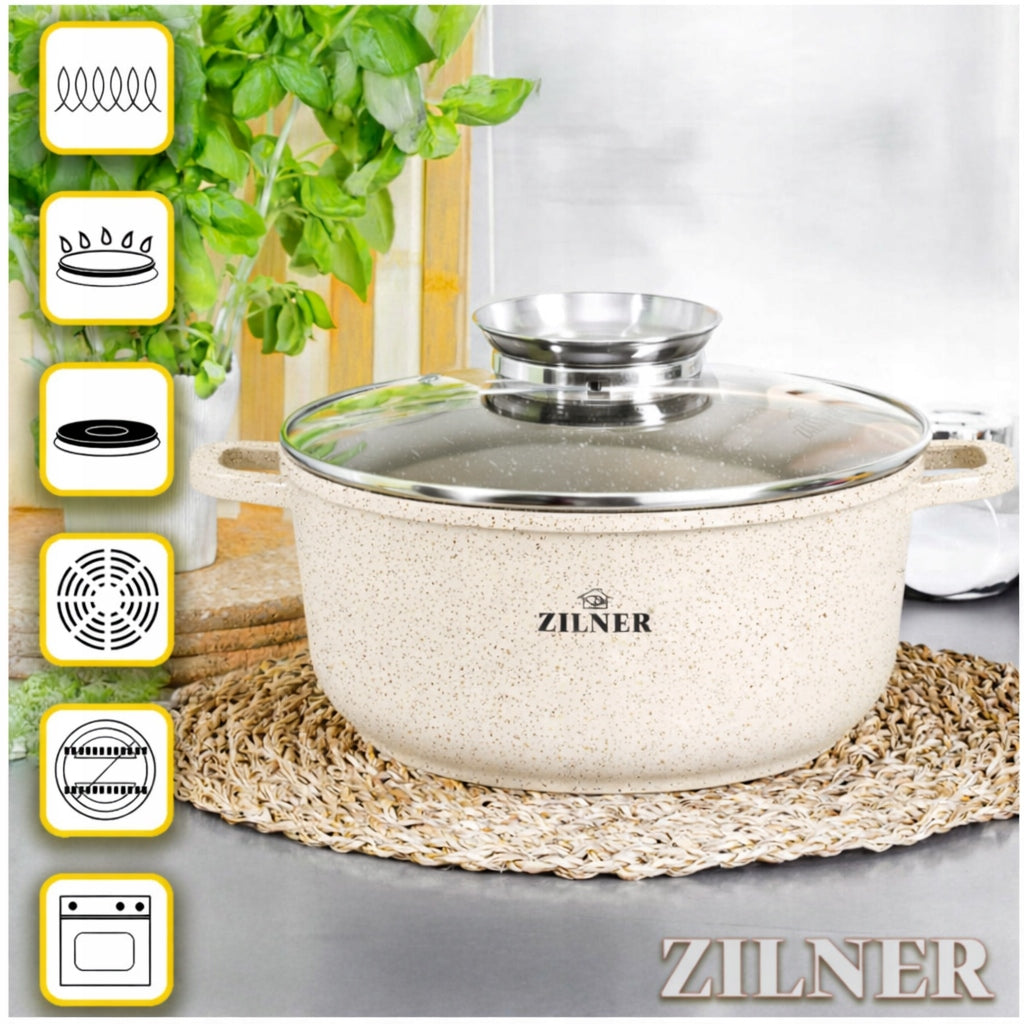 SET OF MARBLED POTS INDUCTION GAS BEIGE POTS FRYING PAN SET Packaging status original