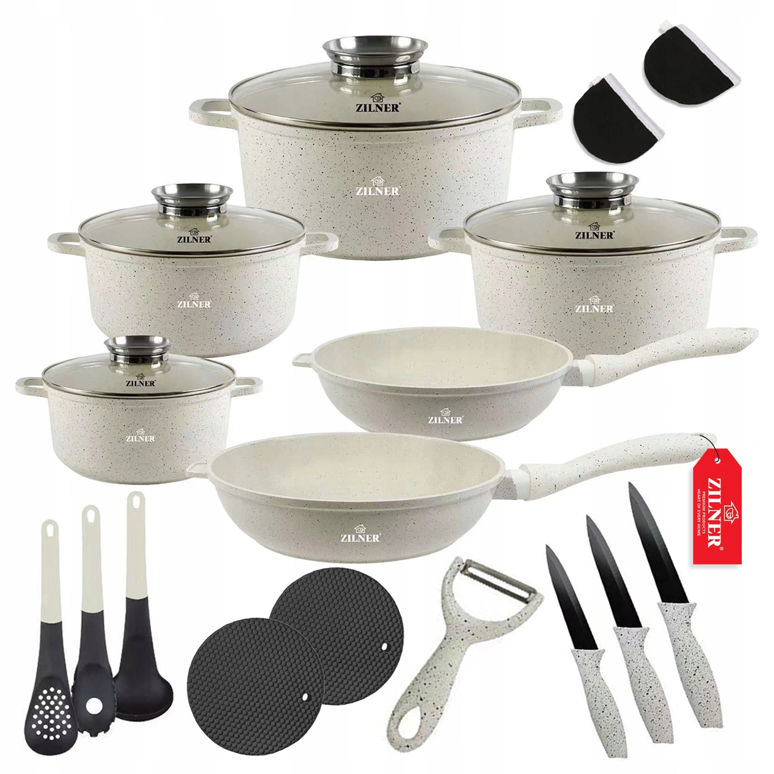SET OF MARBLED POTS INDUCTION GAS BEIGE POTS FRYING PAN SET