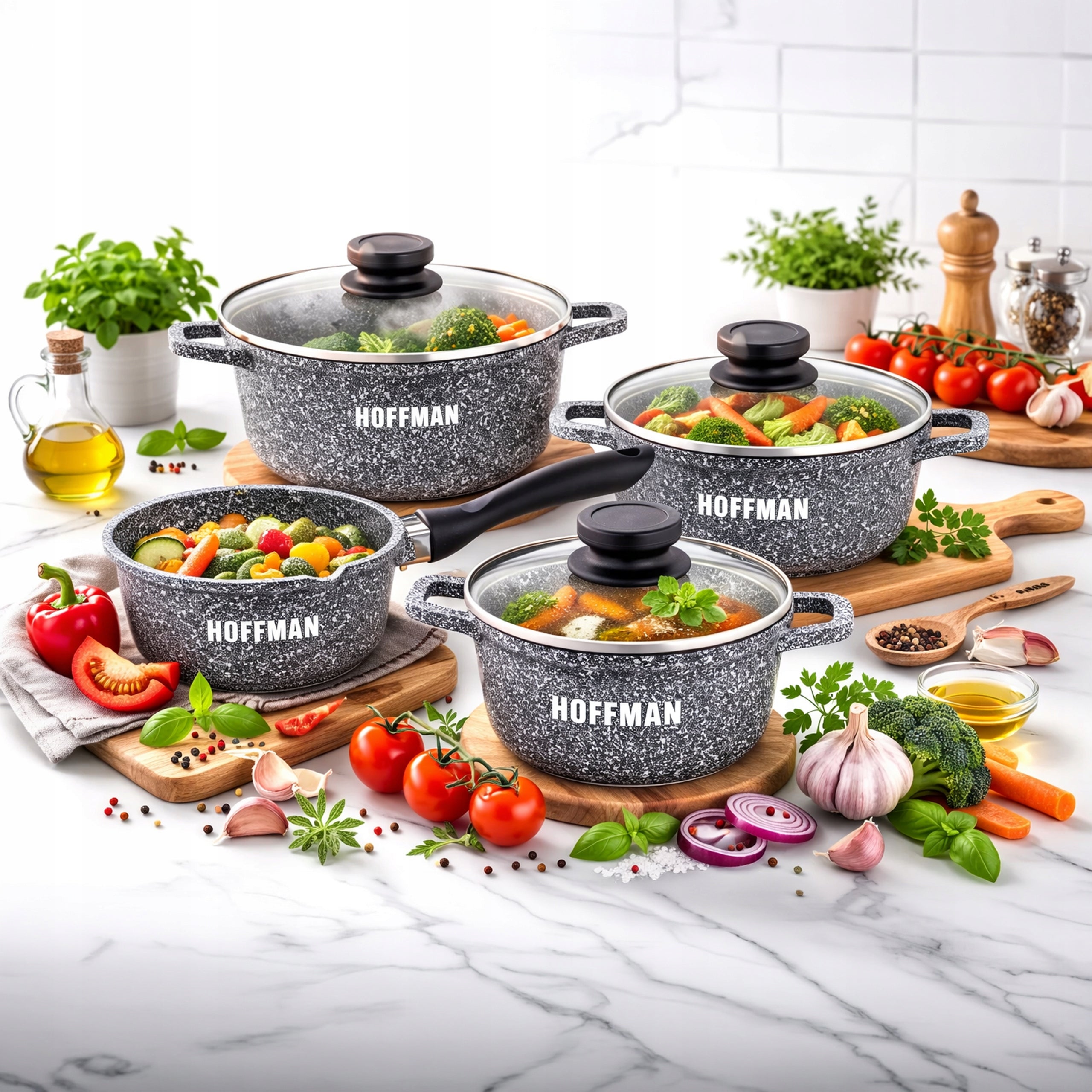 SET OF MARBLED POTS SET OF POTS SAUCEPAN INDUCTION / GAS HOFFMAN Manufacturer code ZESTAWY GARNKÓW