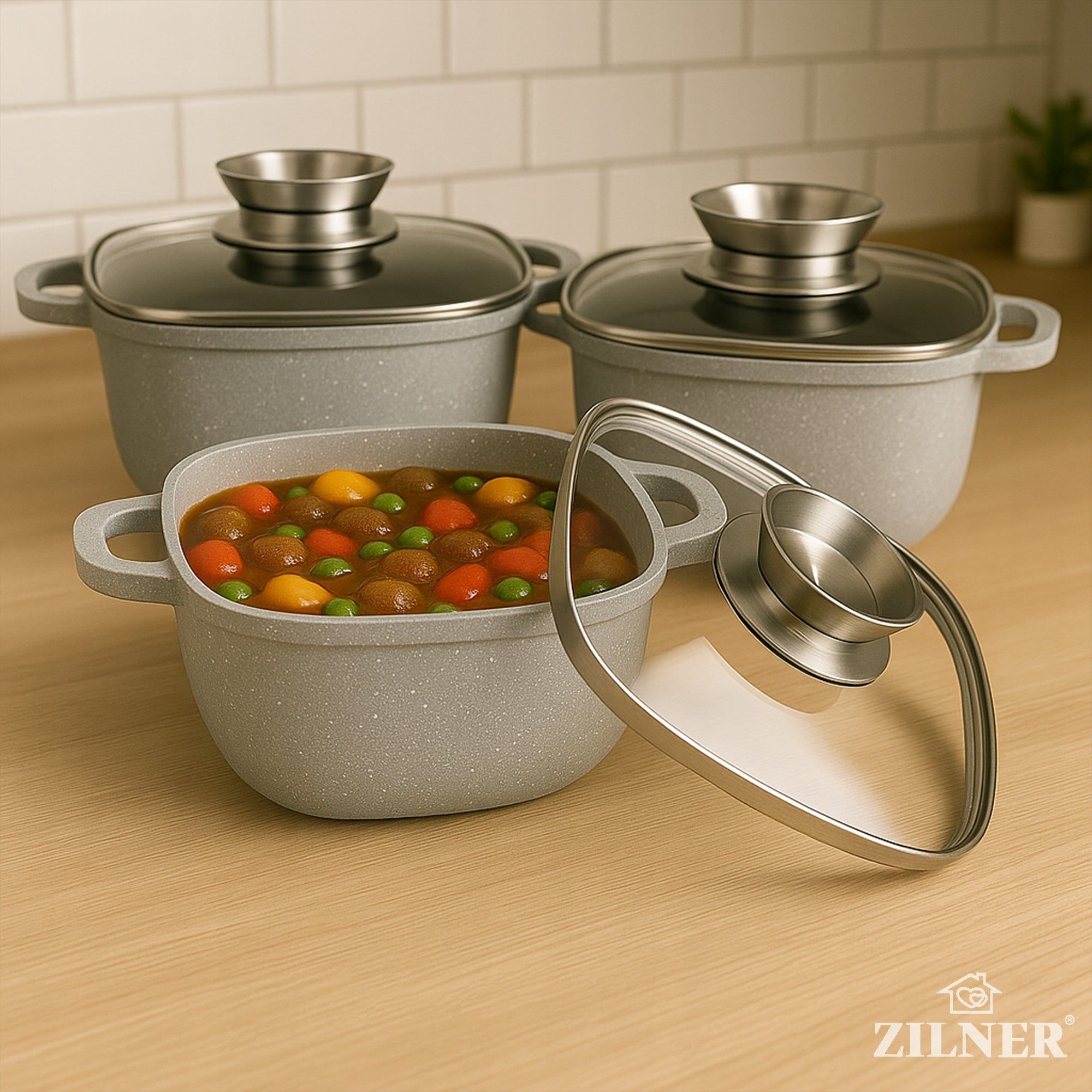 SET OF MARBLED SQUARE POTS FOR INDUCTION GAS SET OF POTS 6 ELE Number of items in the set 6