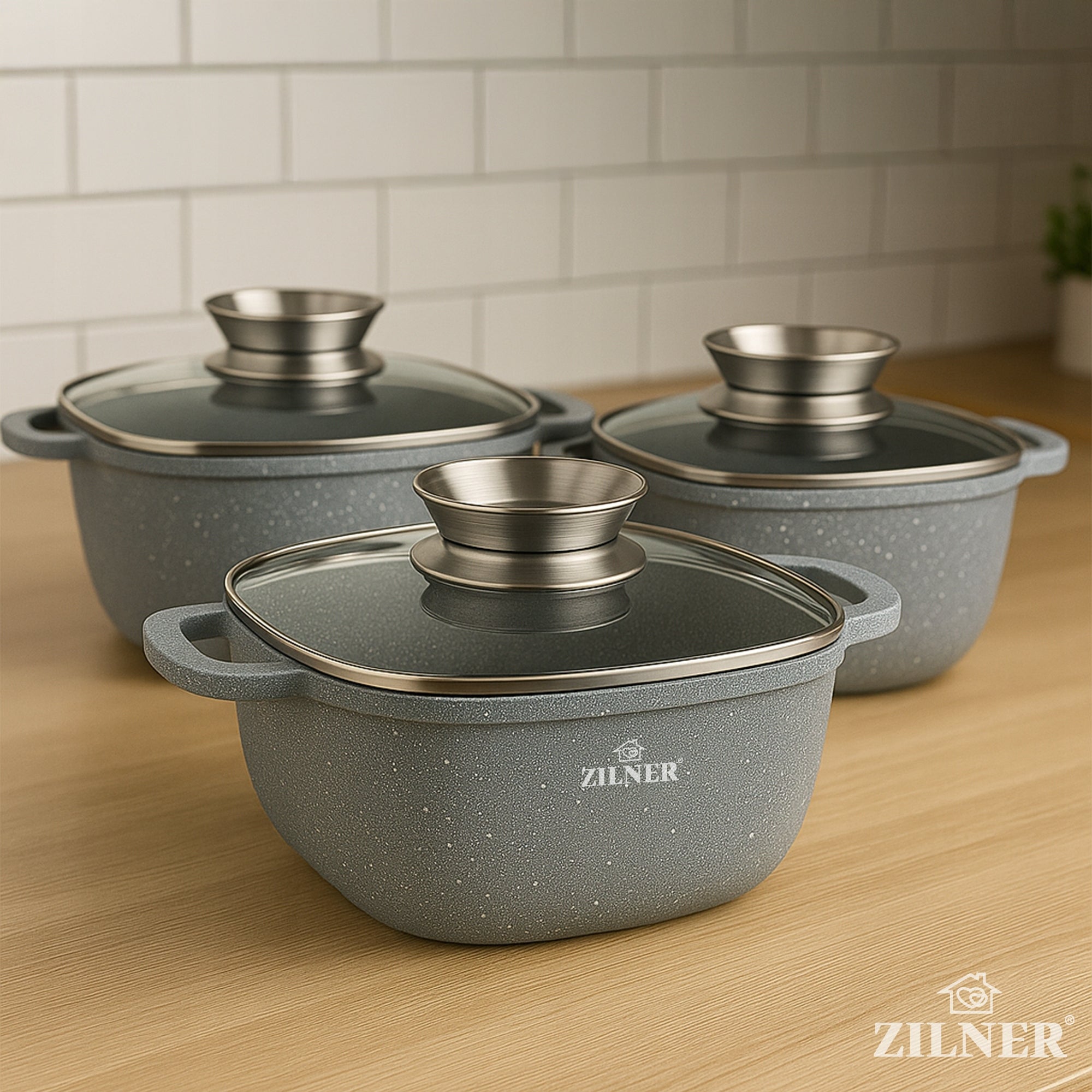 SET OF MARBLED SQUARE POTS FOR INDUCTION GAS SET OF POTS 6 ELE Packaging status original