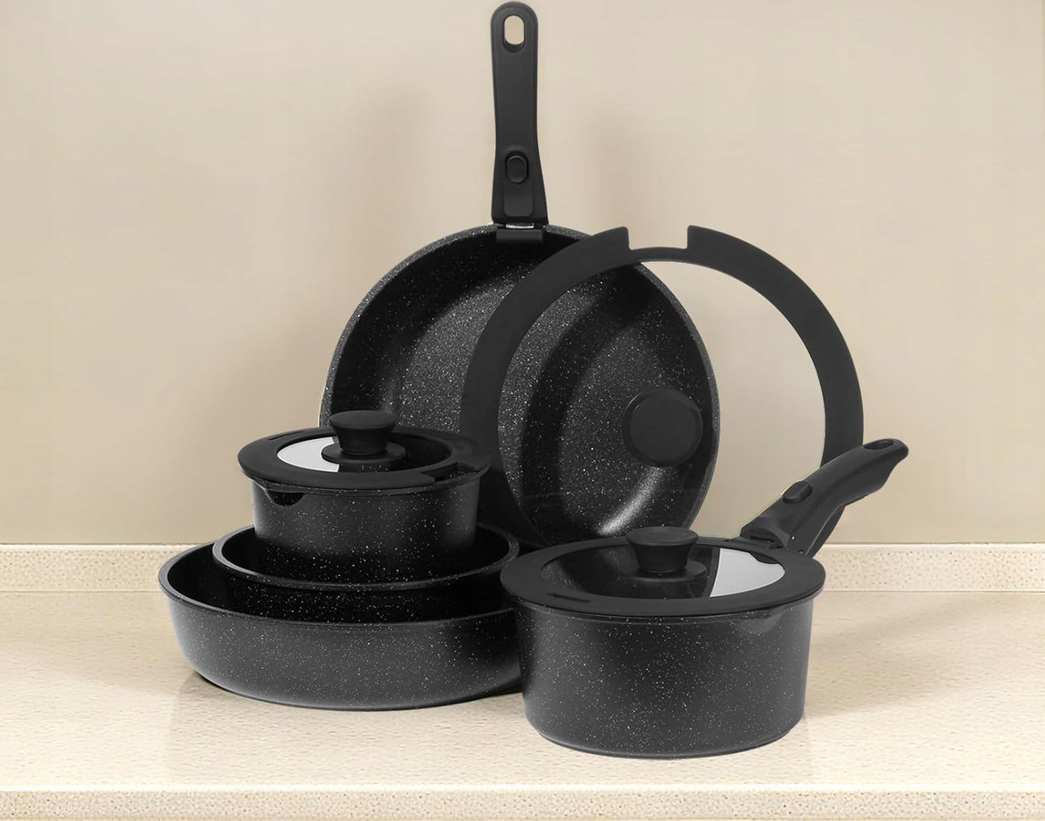 SET OF PANS AND POTS 15 elements 2x DETACHABLE HANDLE GAS INDUCTION BLACK Brand no brand