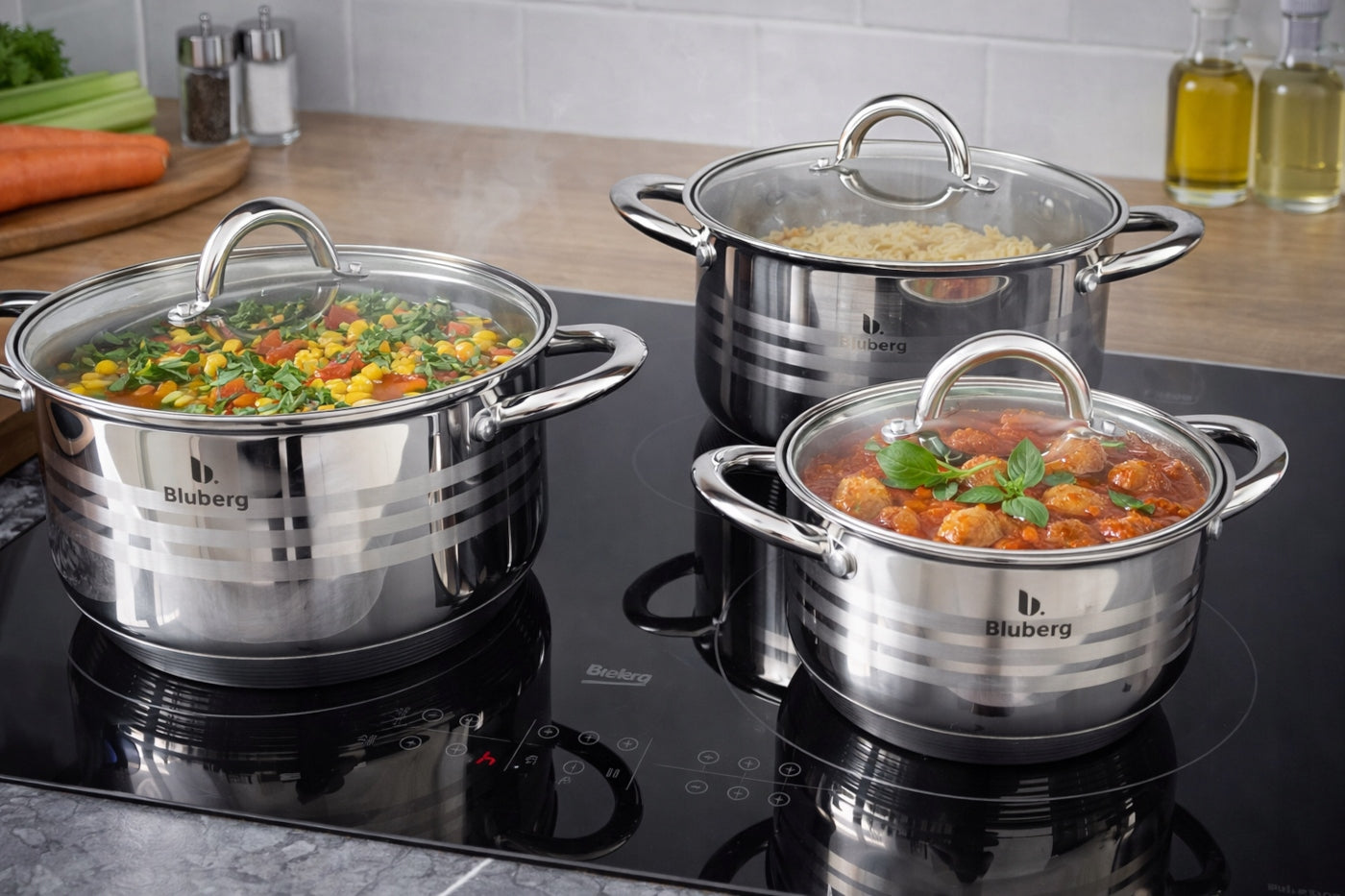 SET OF POTS FOR INDUCTION / GAS STAINLESS STEEL POTS SET OF 12 EL. Brand BLUBERG
