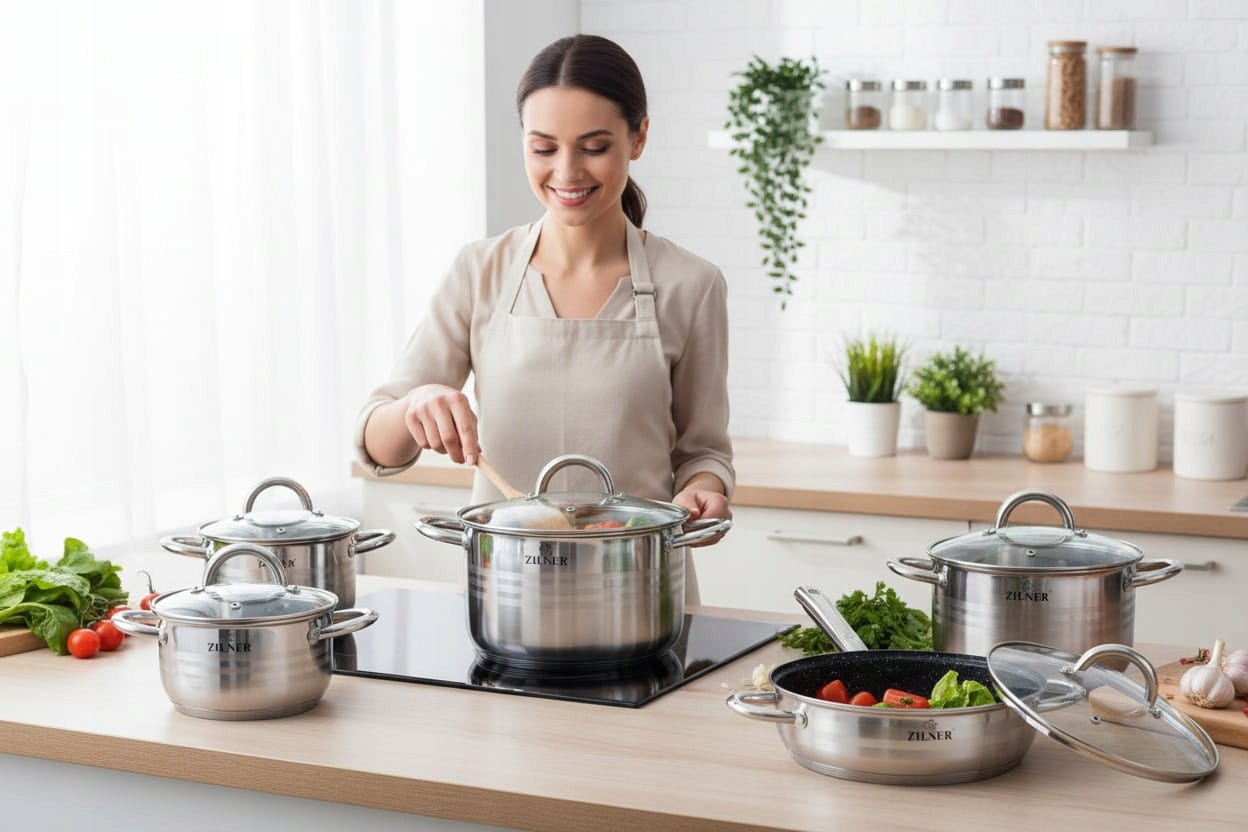 SET OF POTS FOR INDUCTION GAS STAINLESS STEEL SET 12 EL. ZILNER Manufacturer code ZL-8102