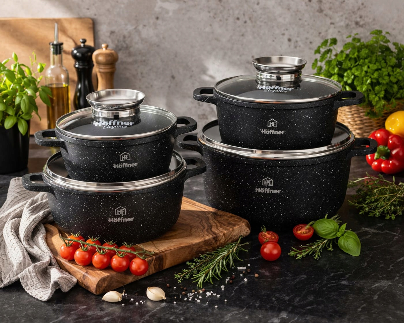 SET OF POTS INDUCTION / GAS MARBLE POTS SET 8 EL Ø16/20/24/28 cm Color black