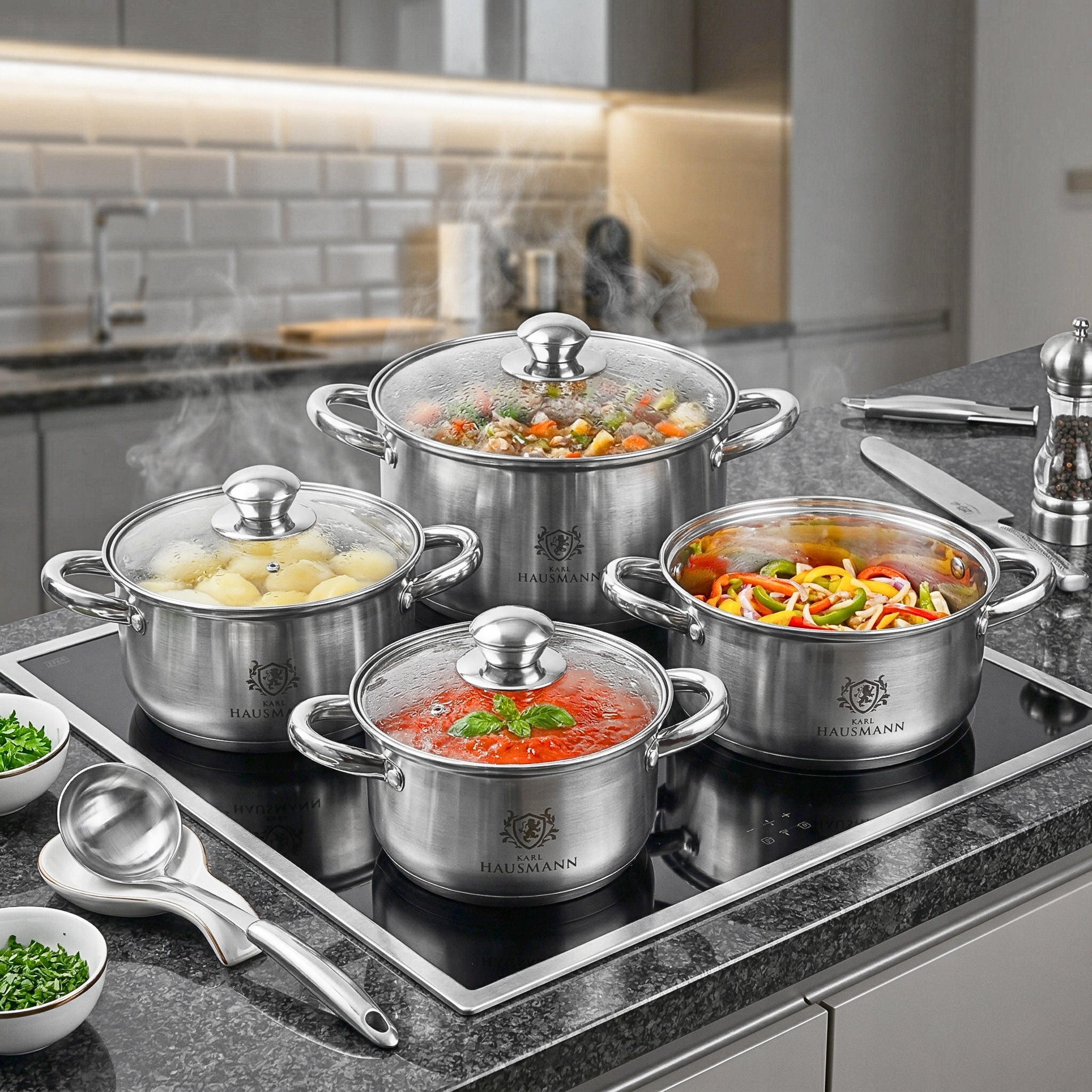 SET OF POTS INDUCTION GAS SET OF POTS ZINCO 8EL. STAINLESS STEEL 18/0 Packaging status original