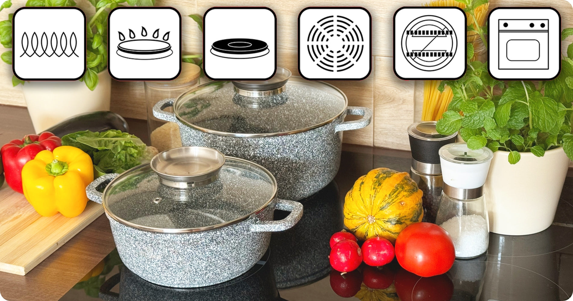 SET OF POTS INDUCTION MARBLED GAS SET 8 ELE Ø 16/20/22/26 cm Brand Zilner