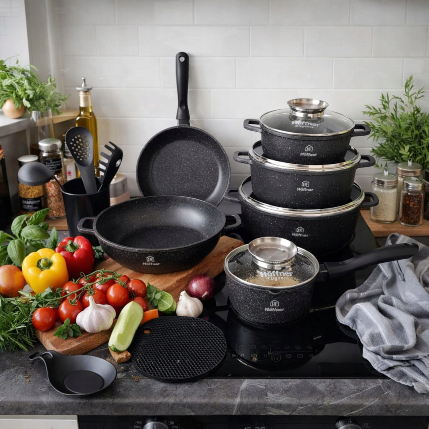SET OF POTS INDUCTION SET GAS POTS MARBLE PAN LID 17EL Brand Hoffner