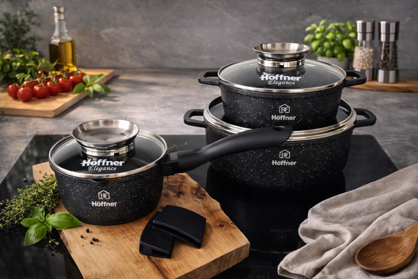 SET OF POTS INDUCTION SET GAS POTS MARBLE PAN LID 17EL Number of items in the set 17