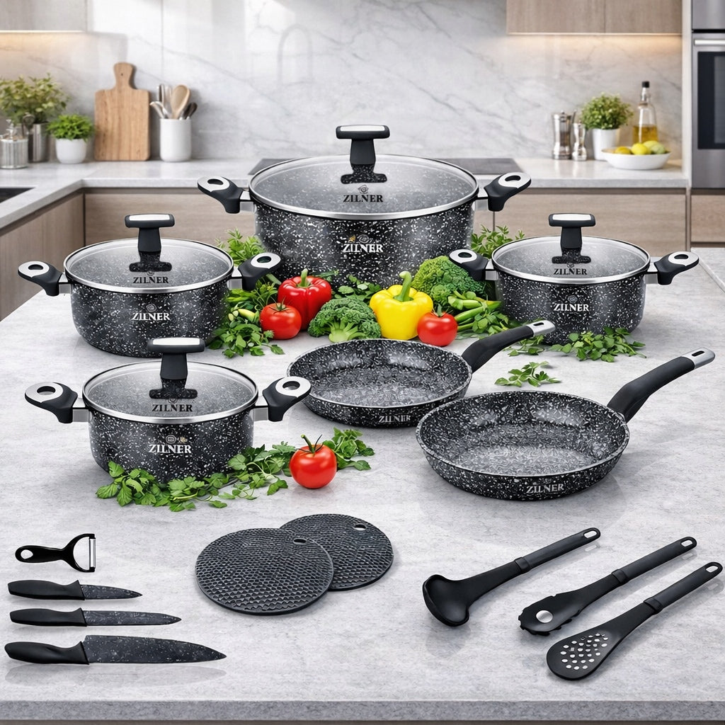 SET OF POTS INDUCTION SET OF POTS MARBLE GAS FRYING PAN + KNIVES 19EL. Packaging status original