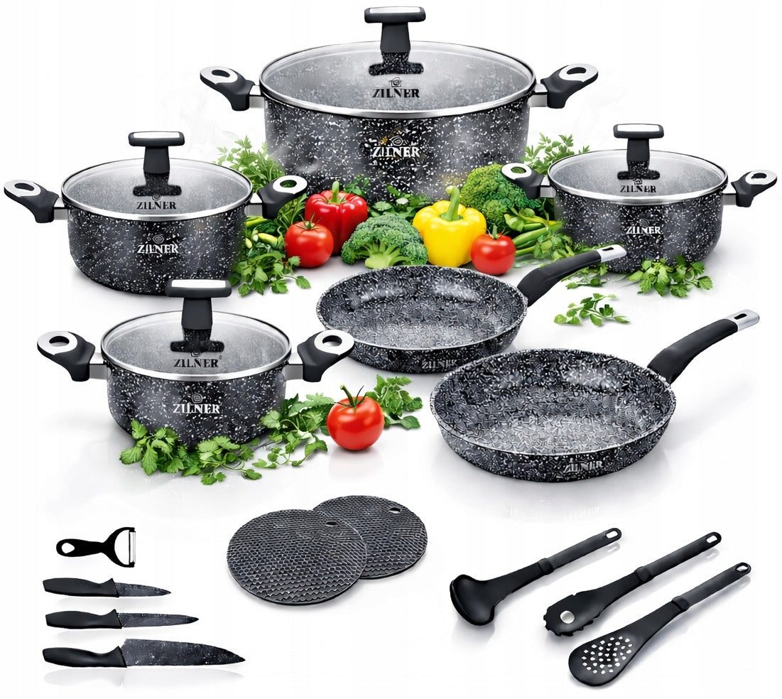 SET OF POTS INDUCTION SET OF POTS MARBLE GAS FRYING PAN + KNIVES 19EL.