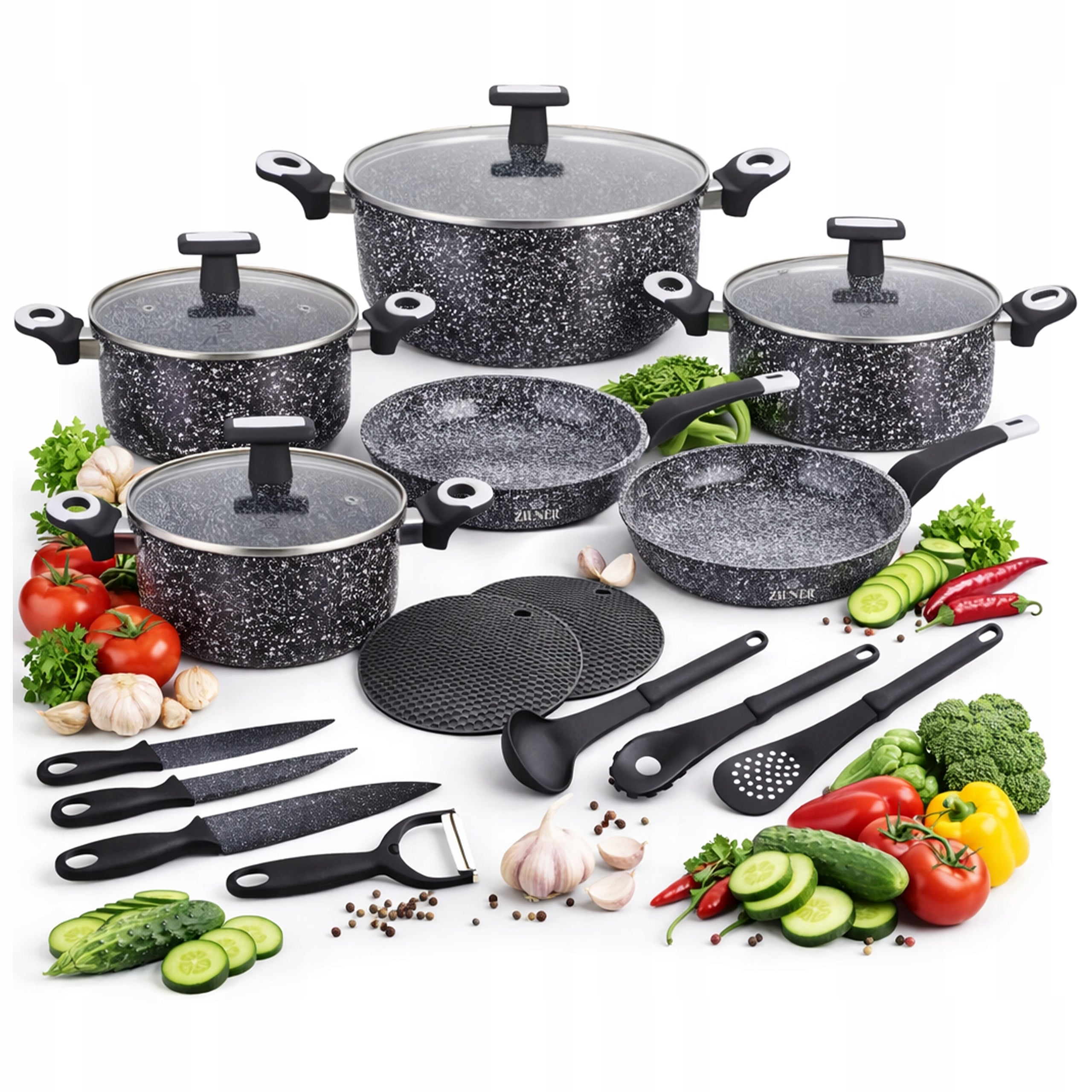 SET OF POTS INDUCTION SET OF POTS MARBLE PAN SAUCEPAN KNIVES 19ELE