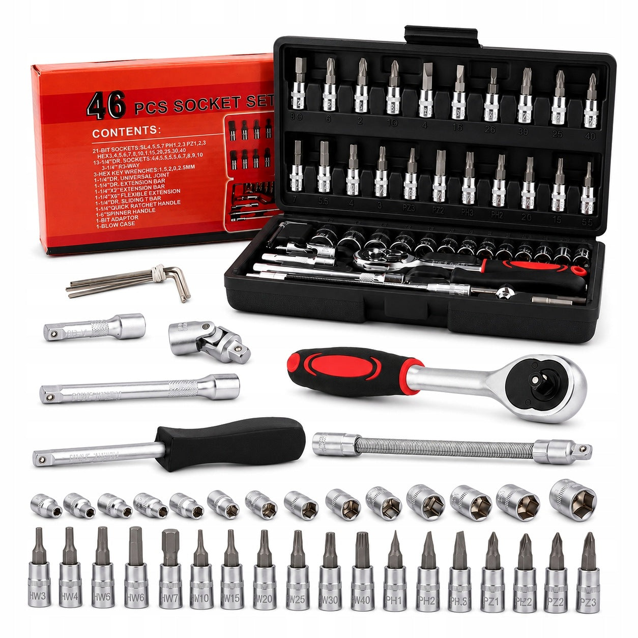 SET OF SOCKET WRENCH BITS RATCHET ADAPTERS SOCKET WRENCHES 46 PIECES Packaging status original