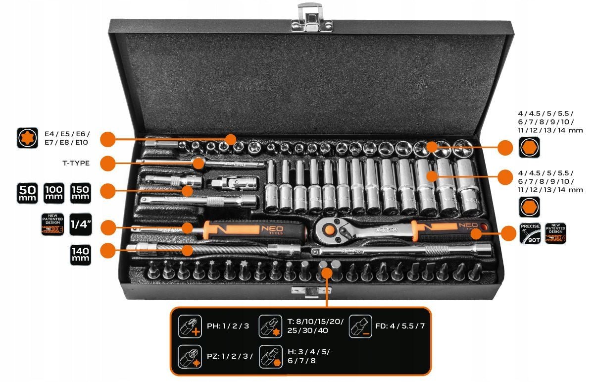 SET OF SOCKET WRENCHES 1/4''63 PARTS 10-008 NEO