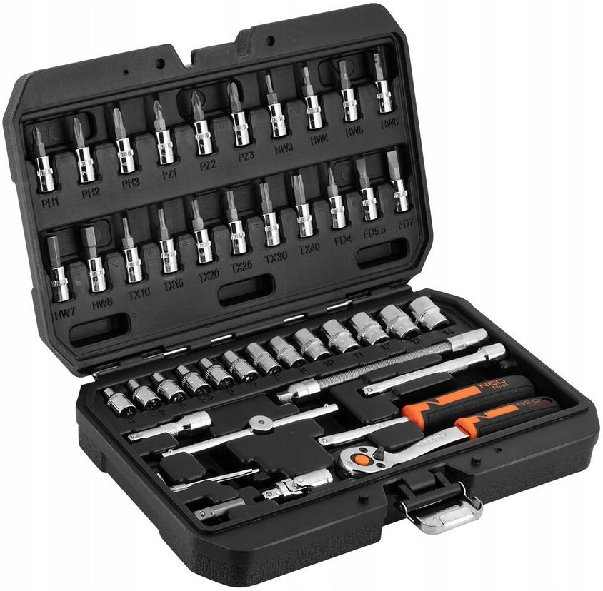 SET OF SOCKET WRENCHES 1/4'', BITS, EXTENSIONS 46PCS 10-004 NEO TOOLS