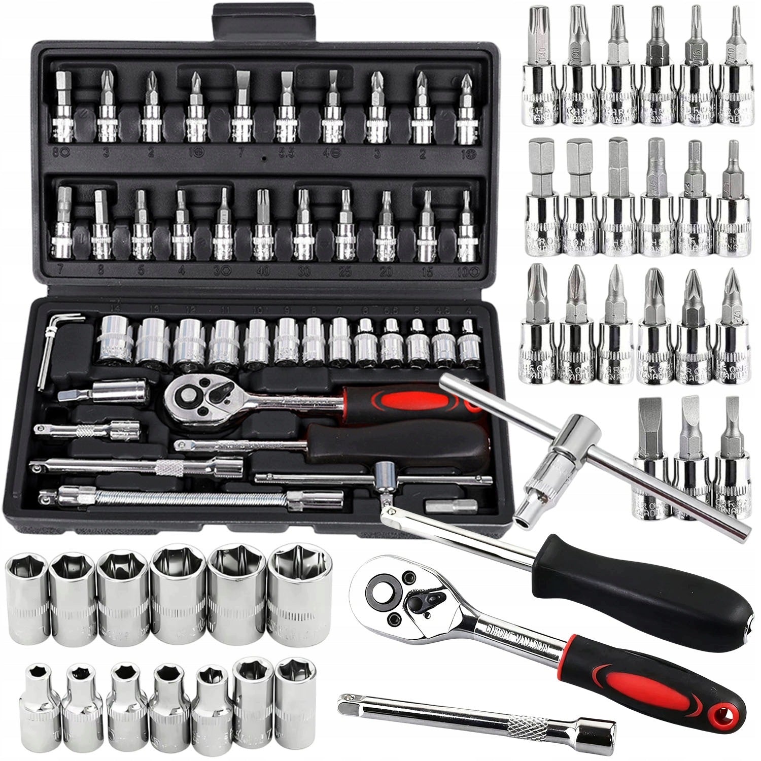 SET OF SOCKET WRENCHES 46 ELEMENTS RATCHET BITS ADAPTERS IN CASE