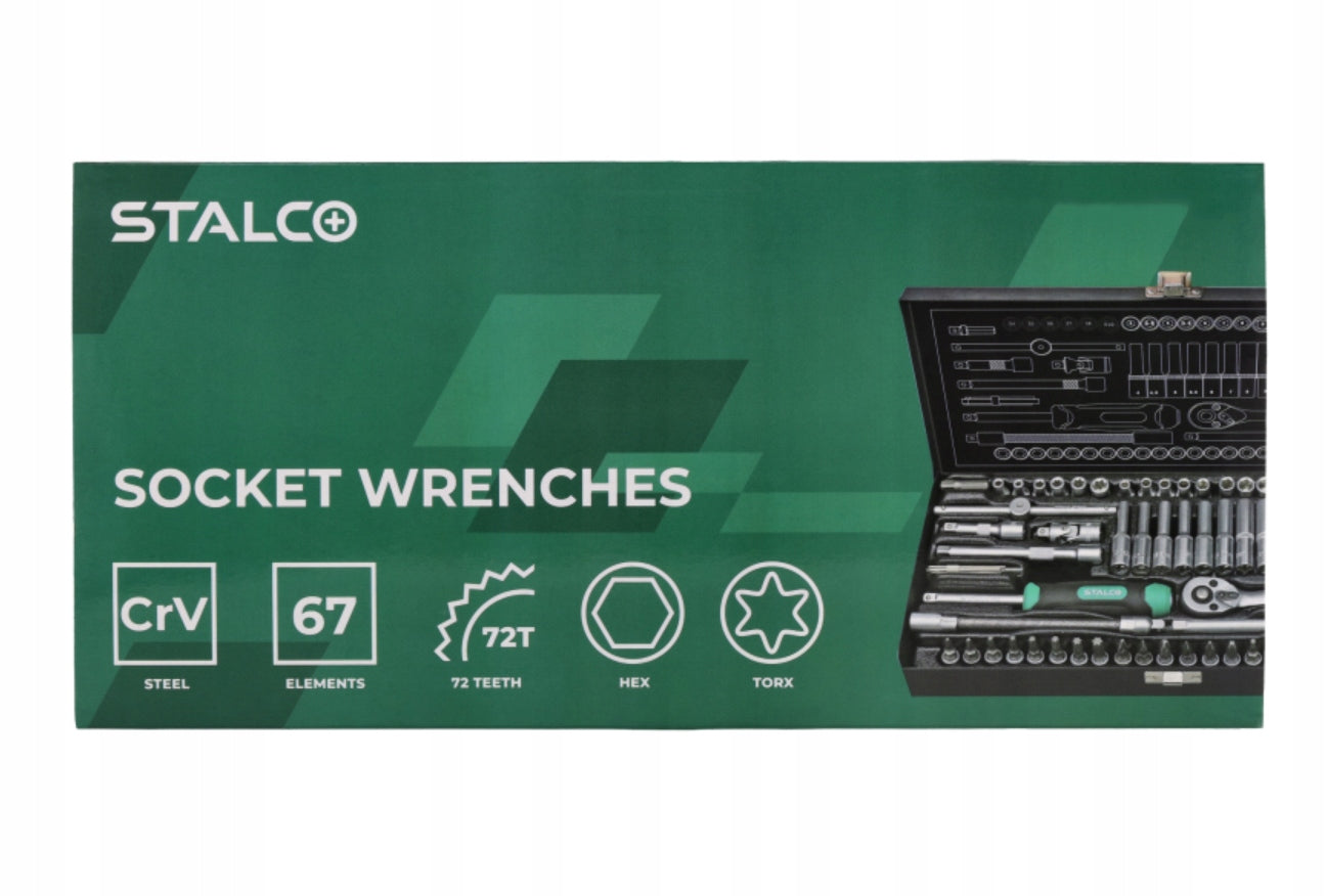 SET OF SOCKET WRENCHES WITH RATCHET 1/4” 67 ELEMENTS STALCO METAL BOX Product weight with unit packaging 2.24 kg
