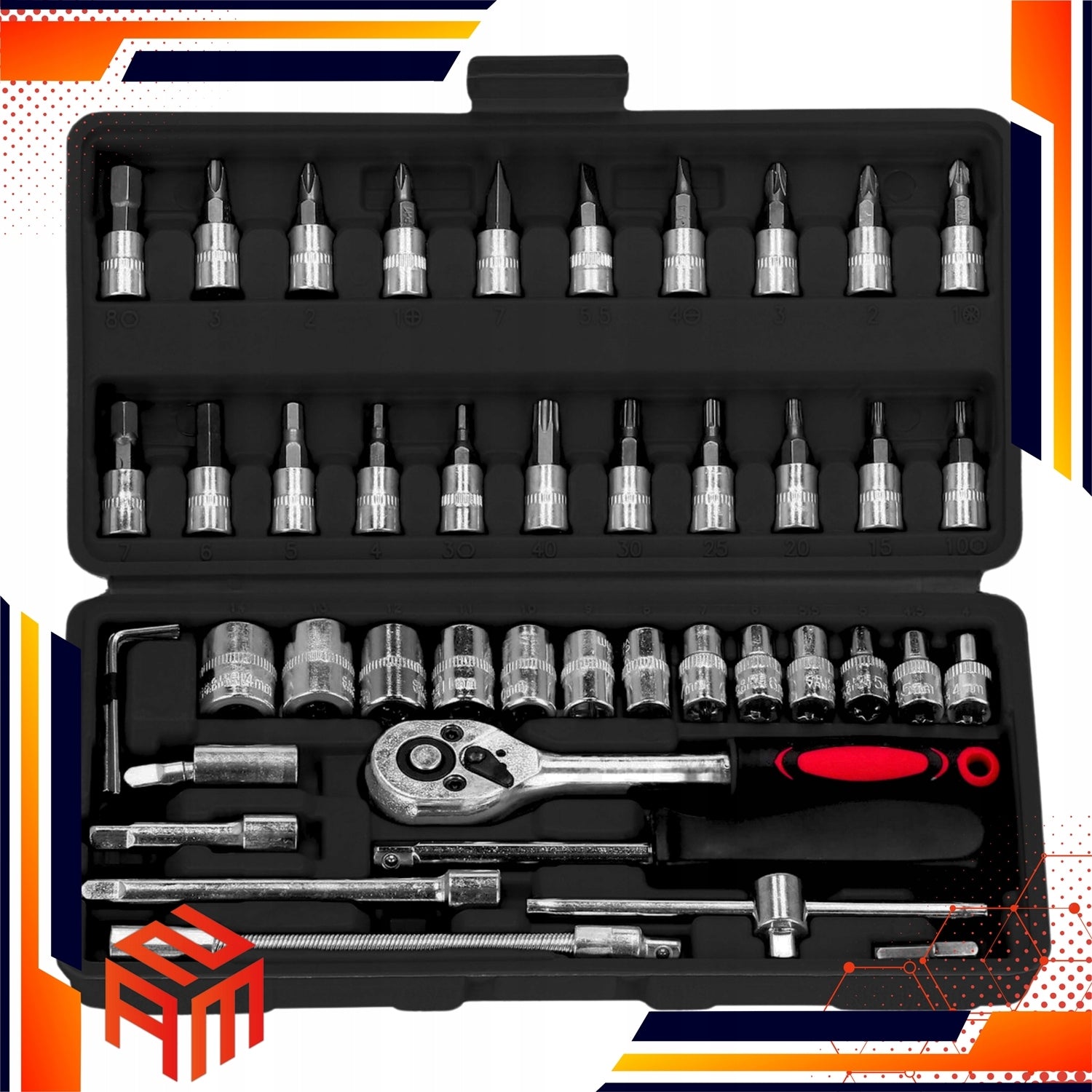 SET OF SOCKET WRENCHES ZAM 46 EL. SUITCASE CAPS BITS HARDENED STEEL ZAM Packaging status original