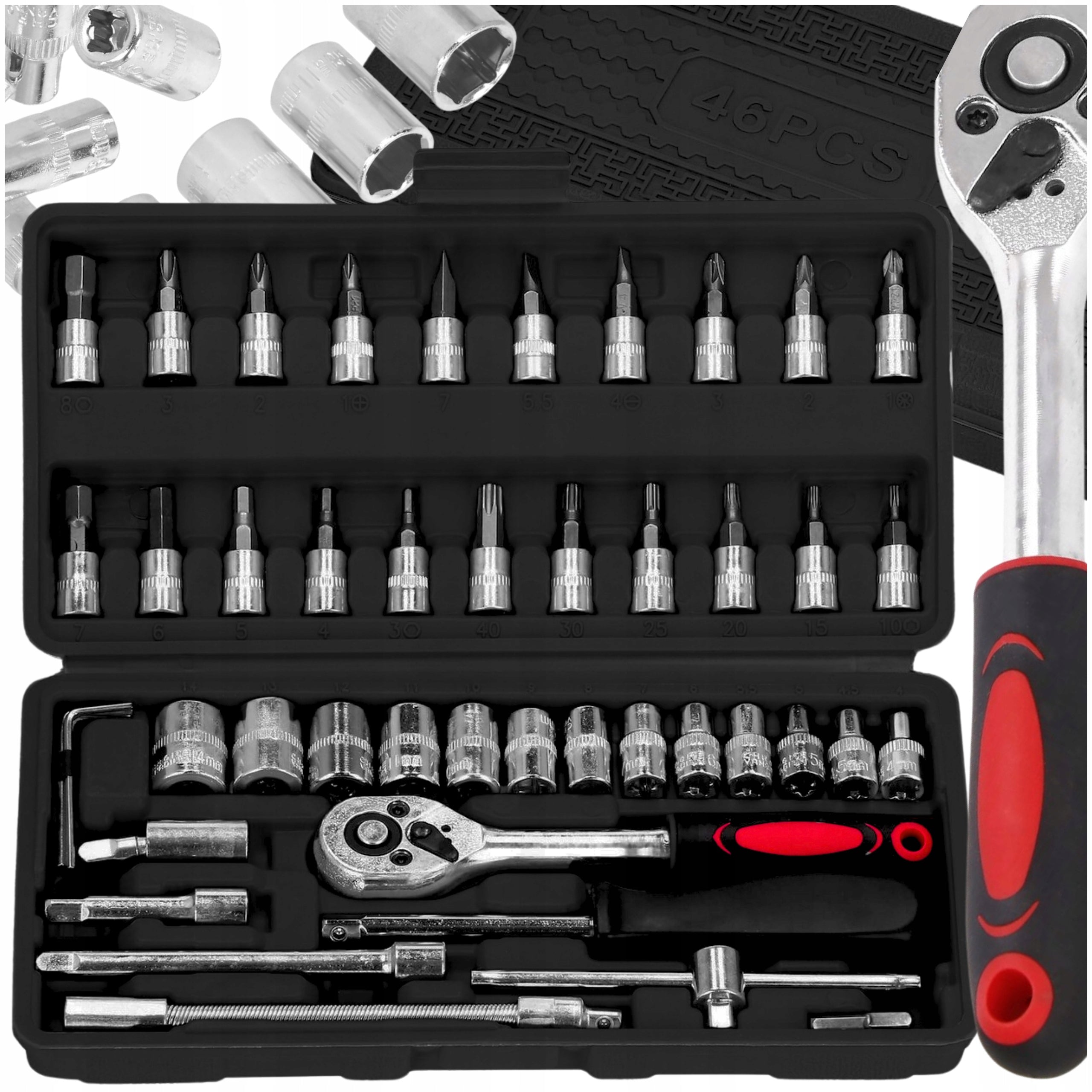 SET OF SOCKET WRENCHES ZAM 46 EL. SUITCASE CAPS BITS HARDENED STEEL ZAM