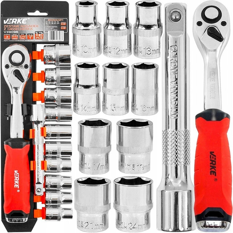 SET OF SOCKETS WITH RATCHET 1/2'' 12pcs 72T AND EXTENSION VERKE V39096
