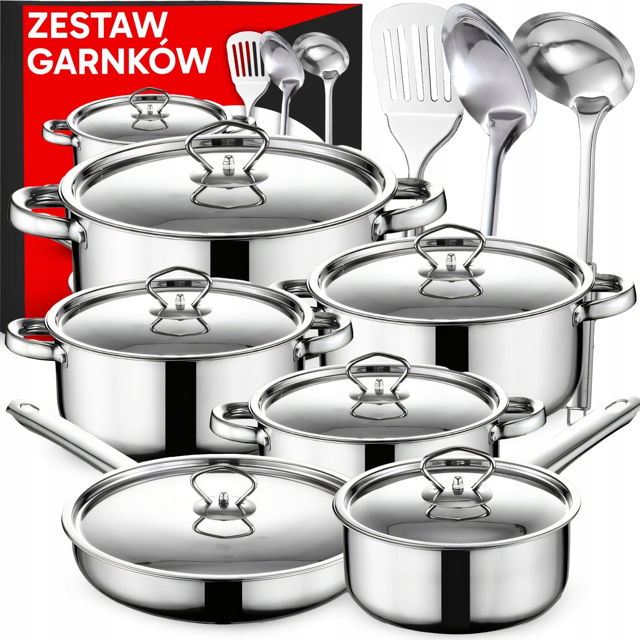 SET OF STEEL POTS 15 ELEMENTS FRYING PAN + SCOOPS + LIDS Packaging status original