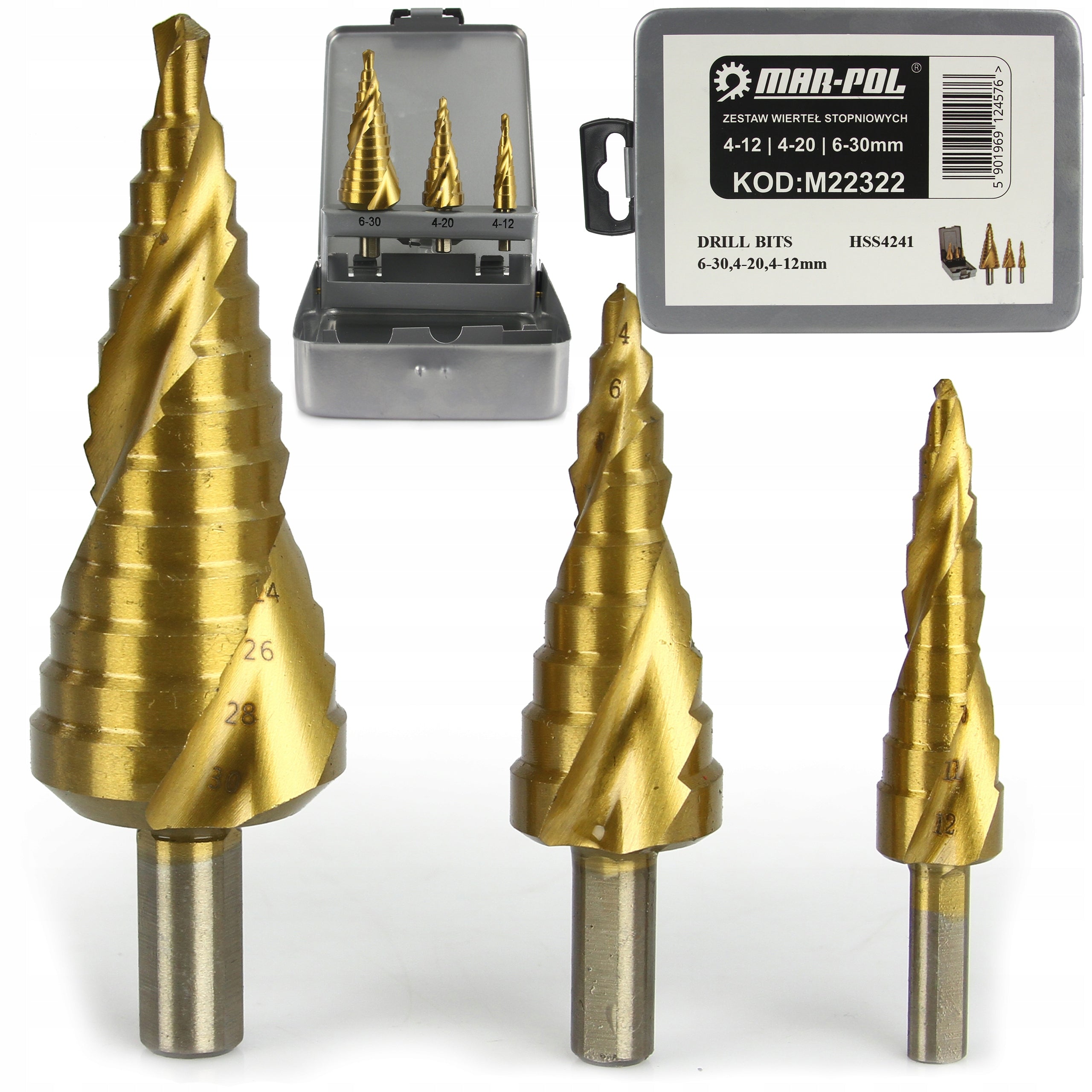 SET OF STEP CONICAL DRILL BITS FOR METAL WOOD PLASTIC 4-12/4-20/6-30