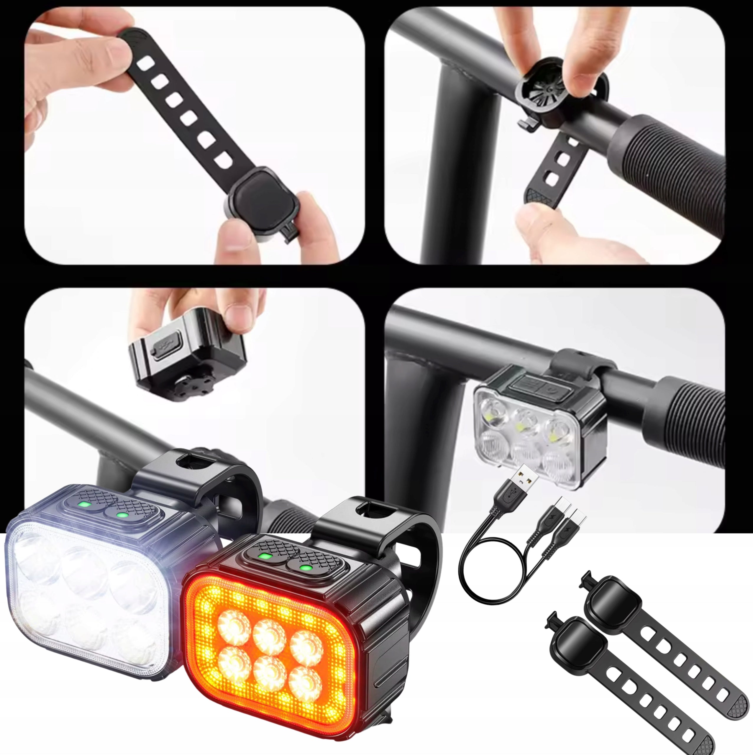 SET OF STRONG 2 BICYCLE LIGHTS REAR FRONT WATERPROOF USB 500LM AND 100LM Manufacturer code Zestaw dwóch lampek rowerowych tył i przód