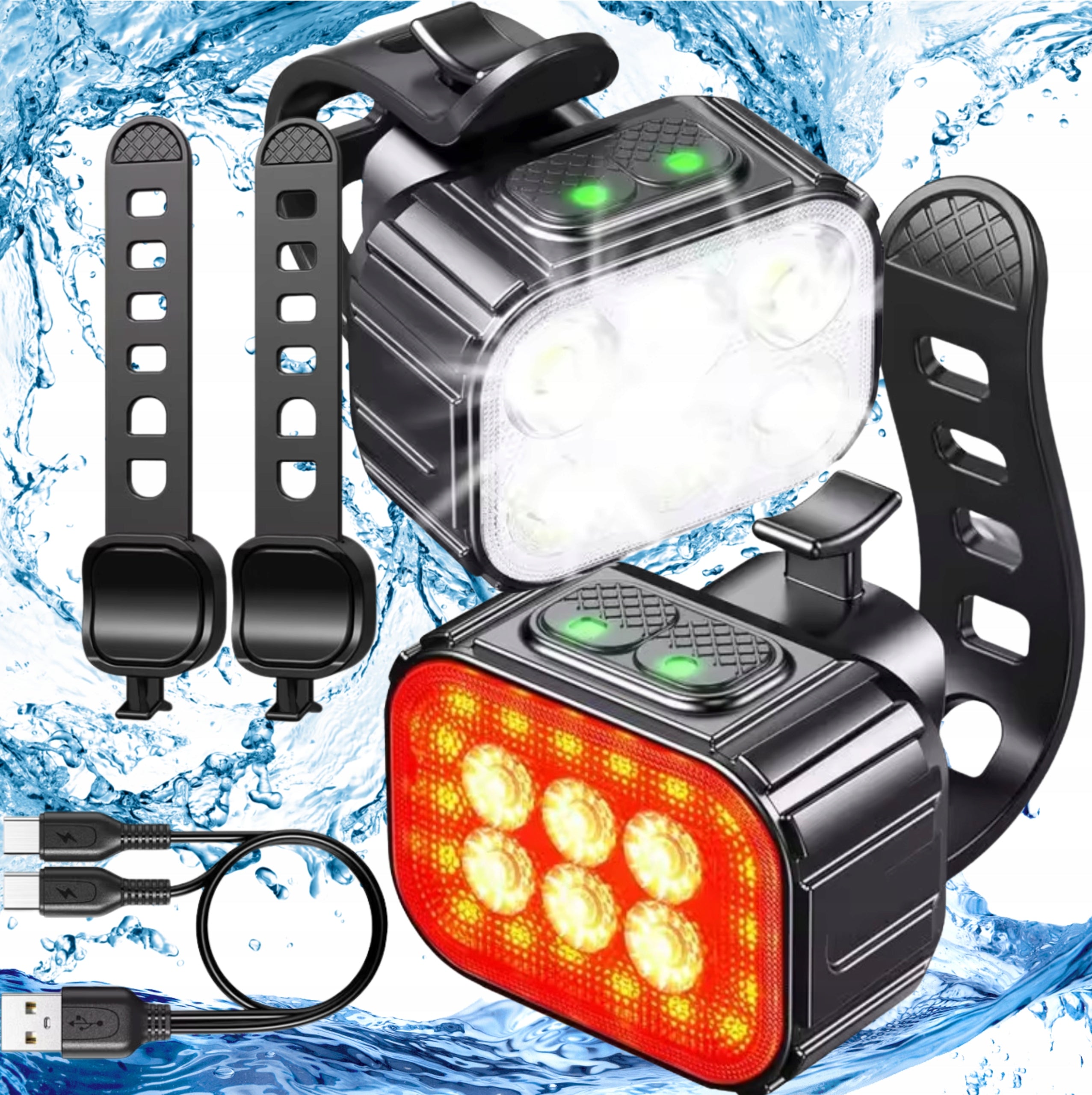 SET OF STRONG 2 BICYCLE LIGHTS REAR FRONT WATERPROOF USB 500LM AND 100LM